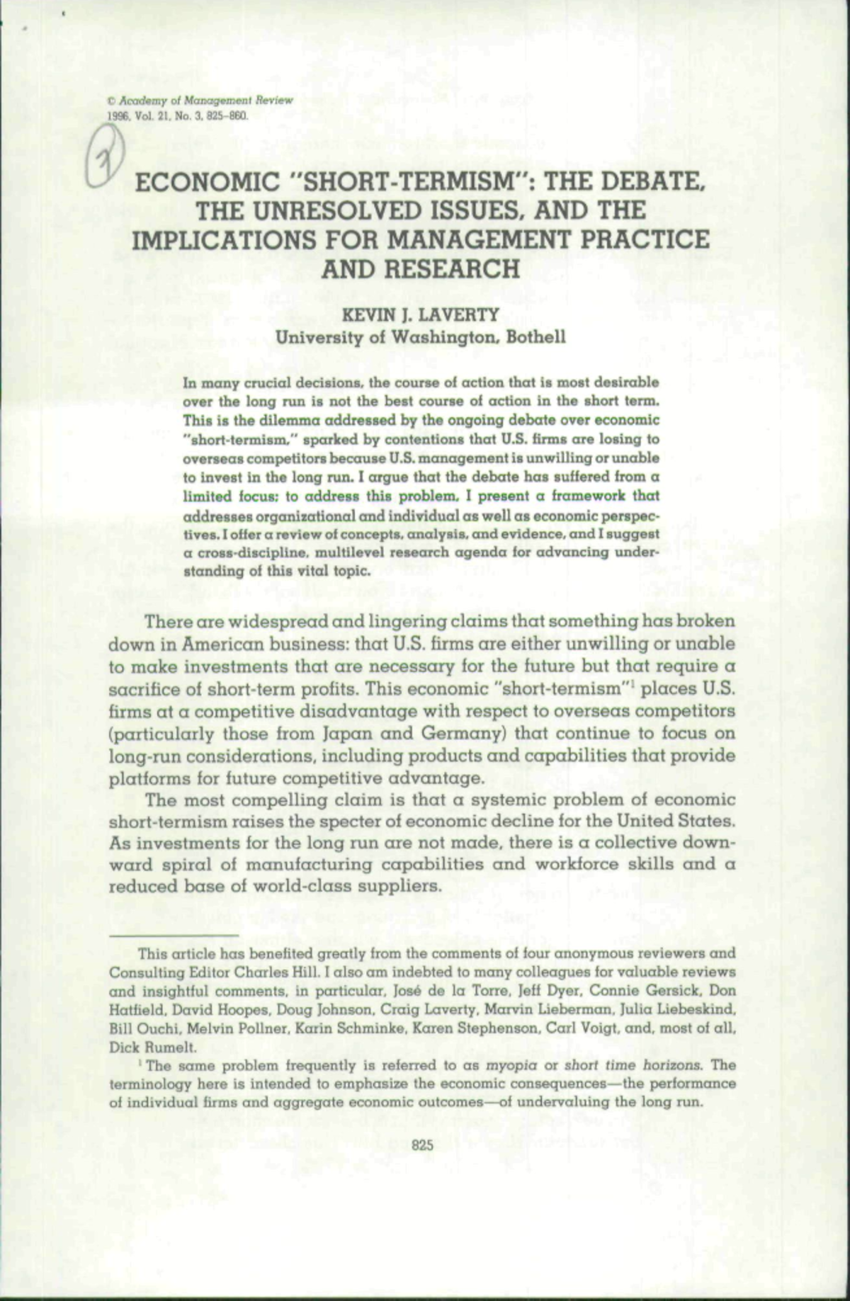 Economic Short-Termism: Implications for Management Practice (MGMT 1996 ...
