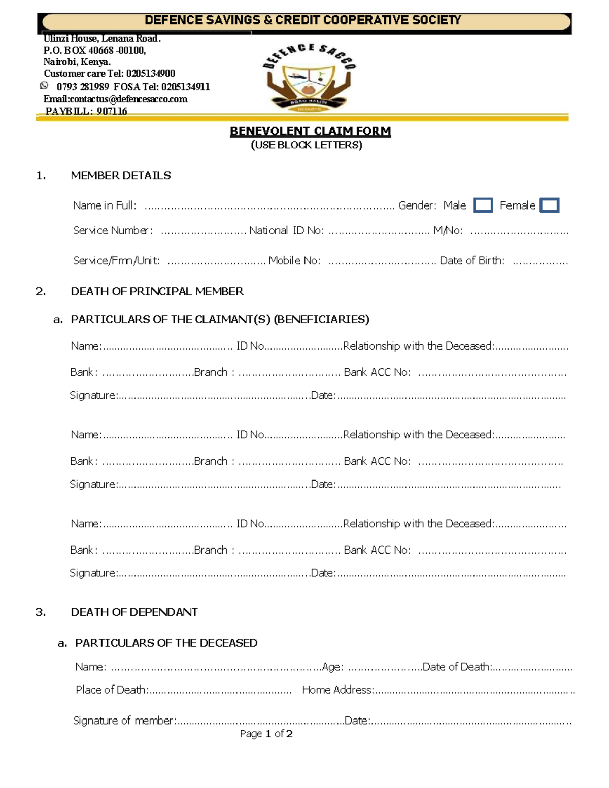 Dessaco Benevolent Claim Form - DEF 101 - Studocu