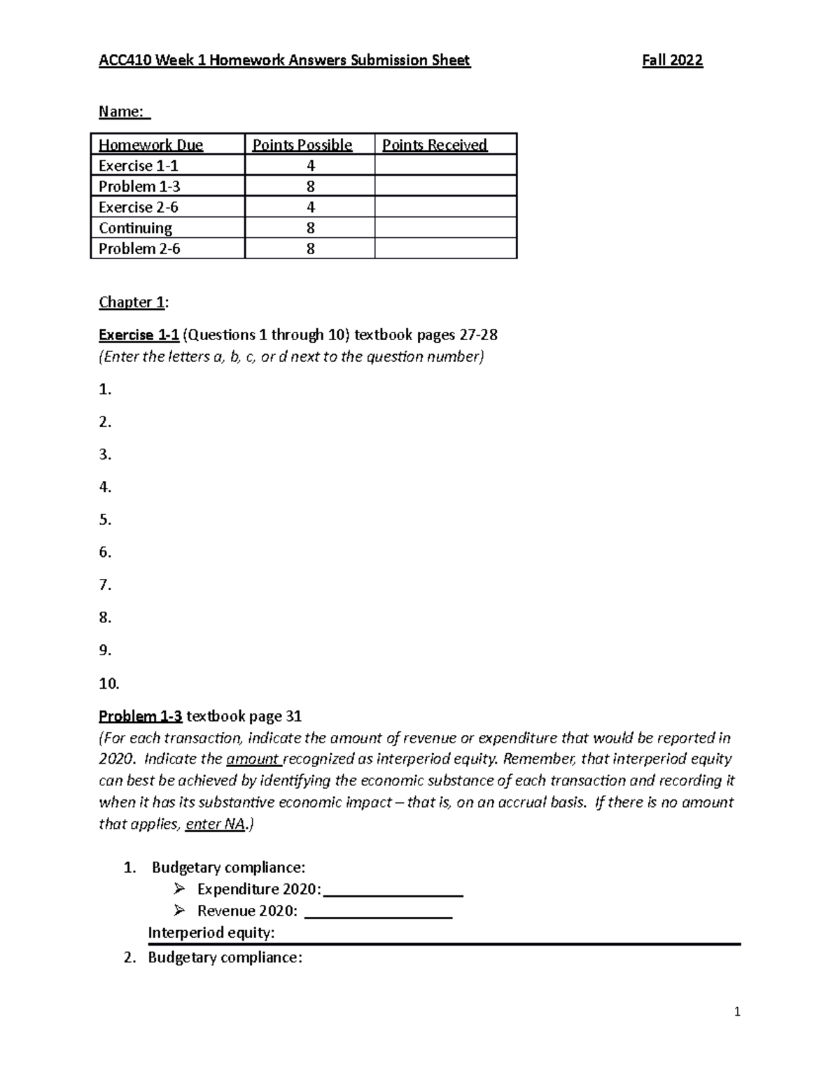 ACC410 Week 1 Homework Submission Sheet - Fall 2022 Answers - Studocu