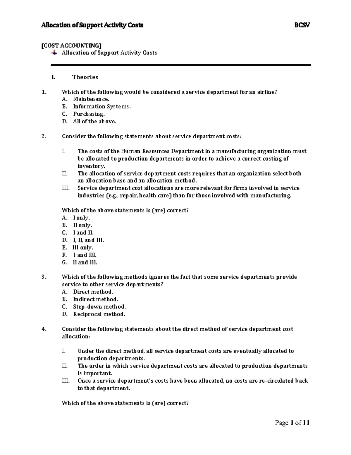 COST Accounting 1 5 Final Exam: Allocation of Support Activity Costs ...