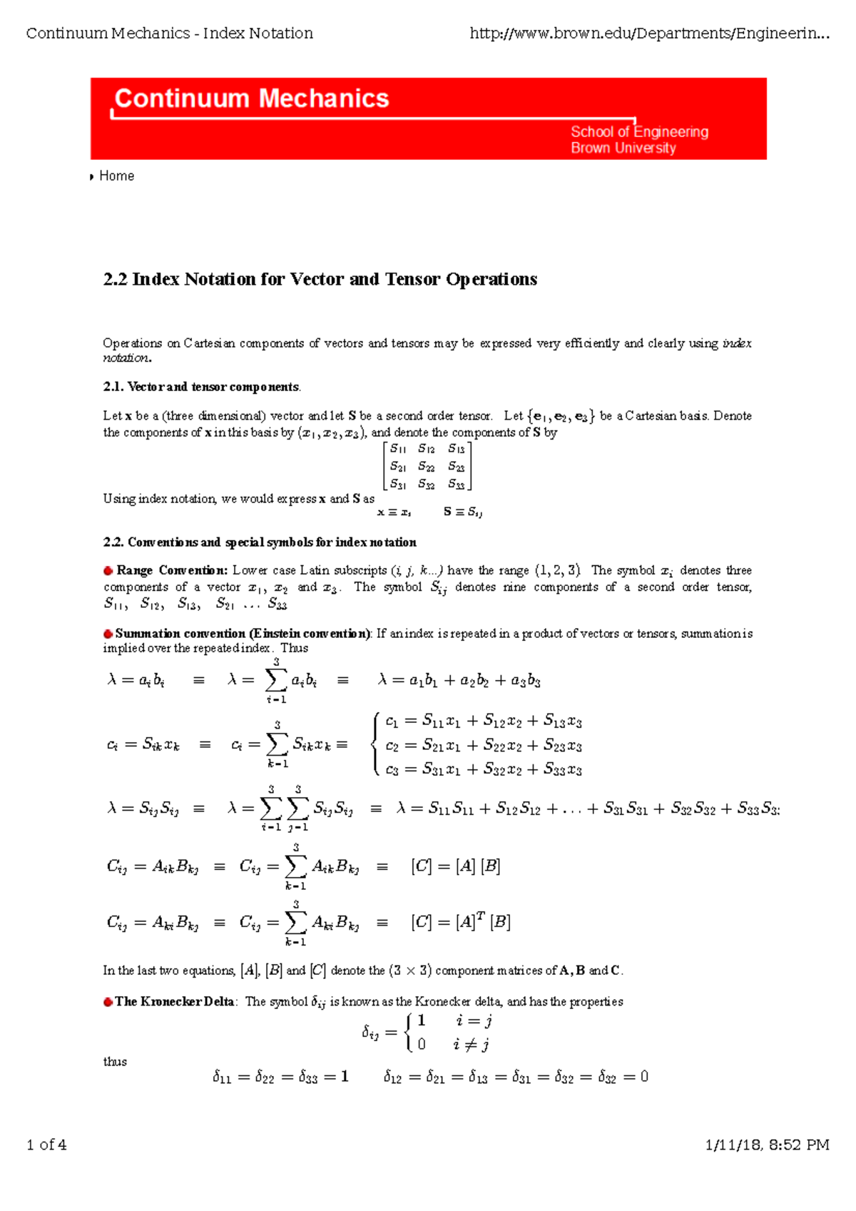 Continuum Mechanics Index Notation: Vector & Tensor Operations ...