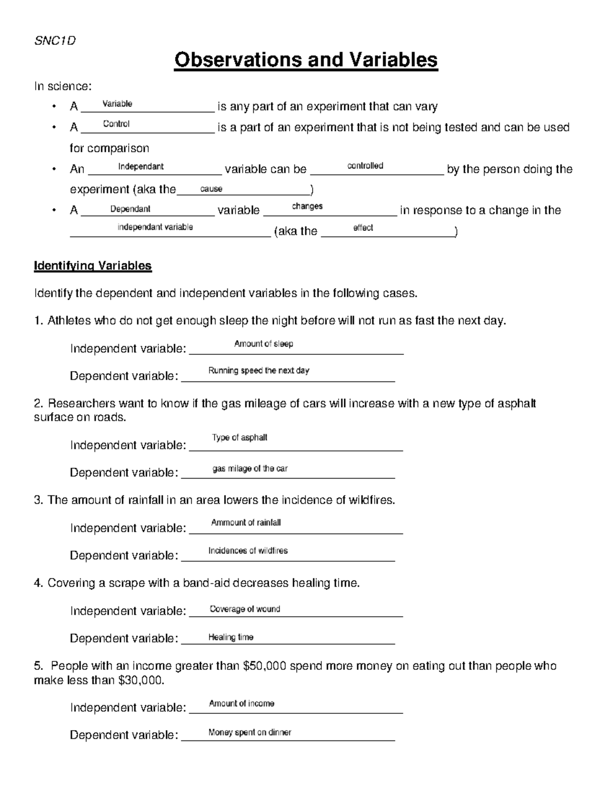 KS - 1.4 (Handout) Observations and Variables - SNC1D Observations and ...