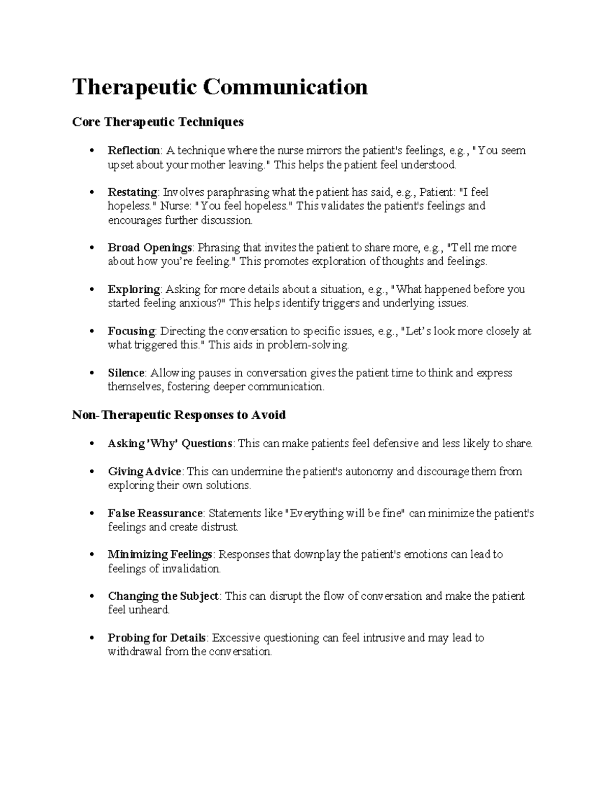 Comprehensive Final Review Study Guide for Therapeutic Communication ...