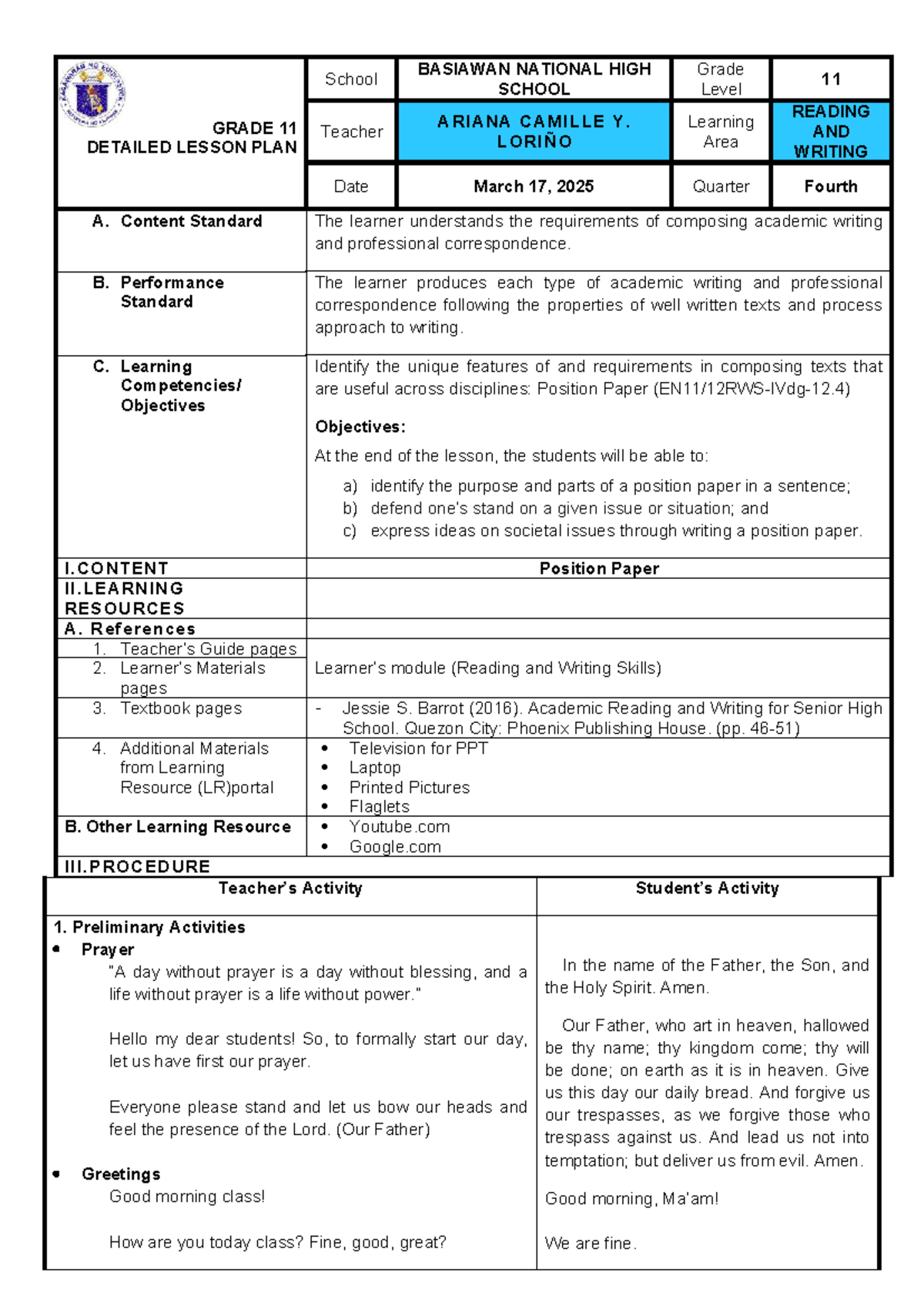 GRADE 11 LP: Position Paper Lesson Plan & Review Notes - Studocu