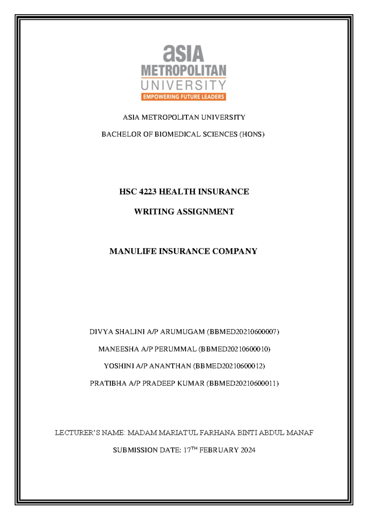 HSC 4223 Group Report on Health Insurance: Manulife Case Study - Studocu