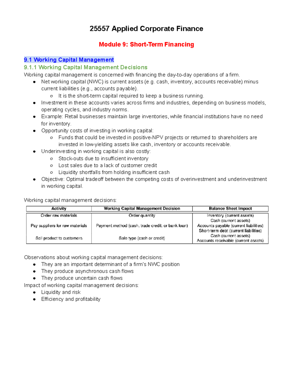 Applied Corporate Finance 25557: Module 9 - Working Capital Management ...