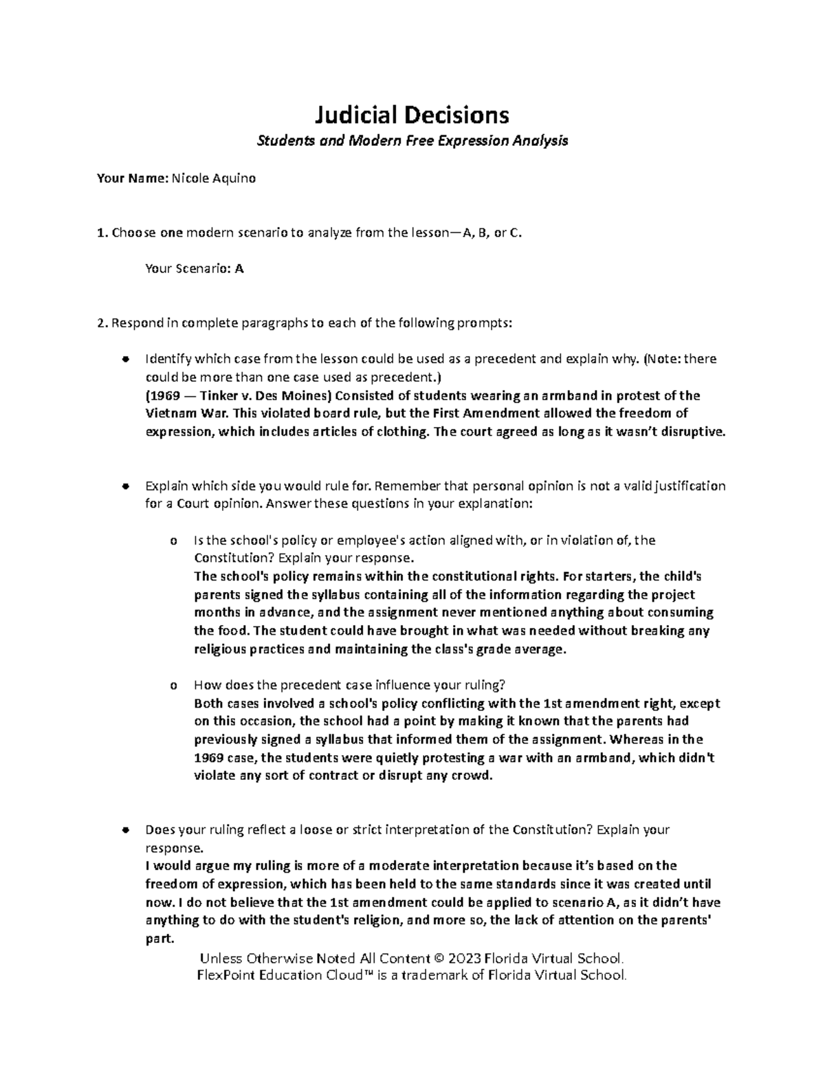 Judicial Decisions Analysis: Modern Free Expression (Course Code: FLVS ...