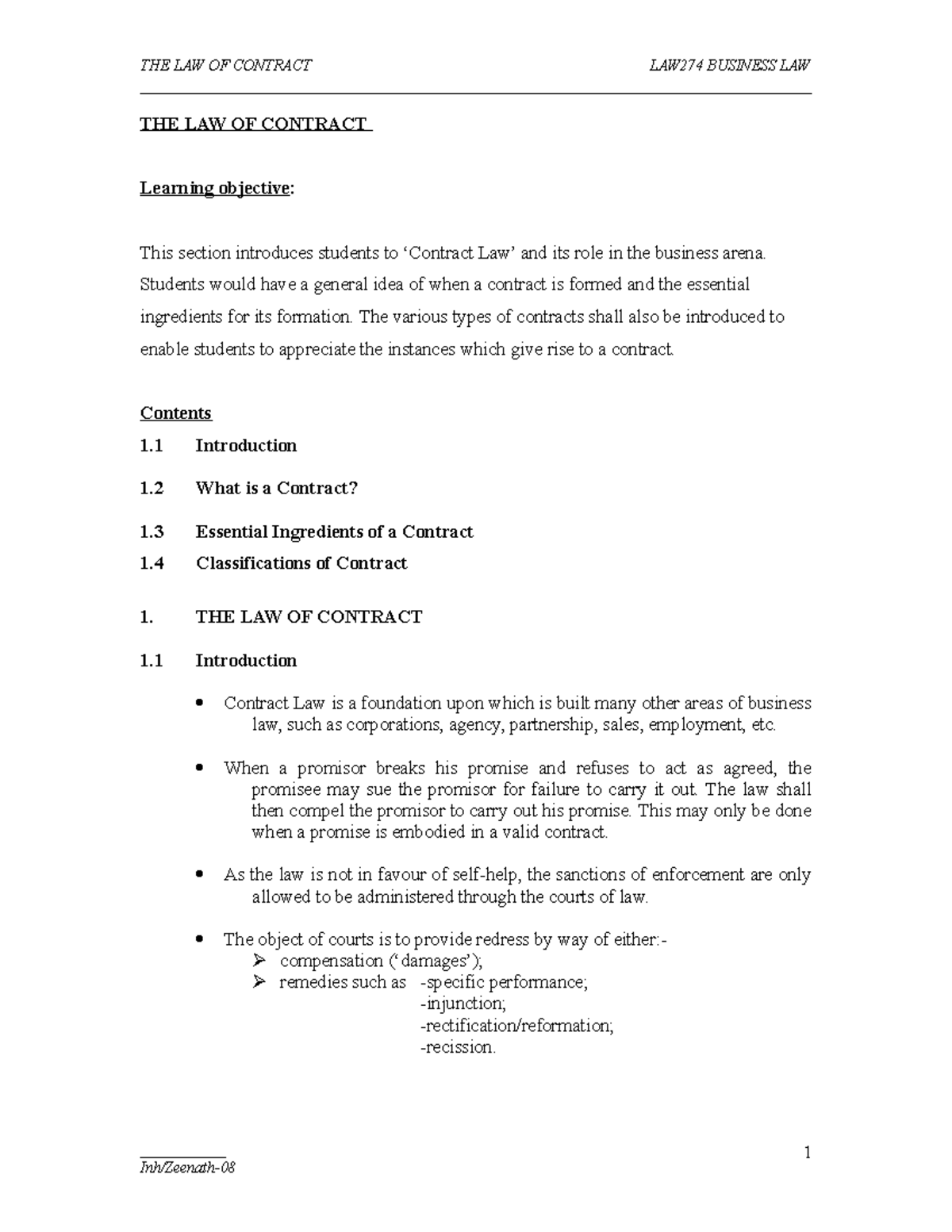 Law274,5 Contract Law Introduction - THE LAW OF CONTRACT Learning ...