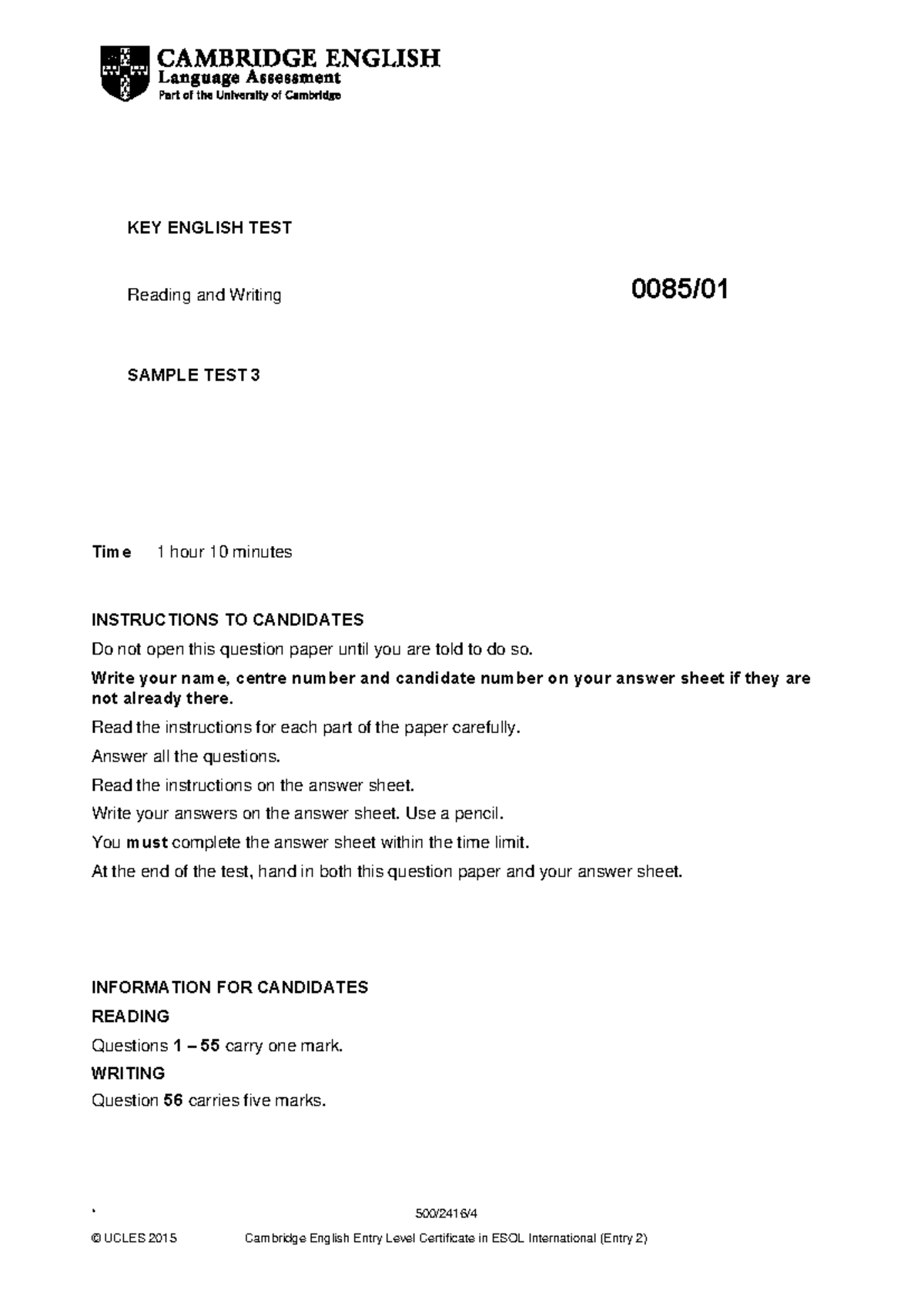 KEY ENGLISH TEST (KET) Reading & Writing Sample Test 3 - Studocu