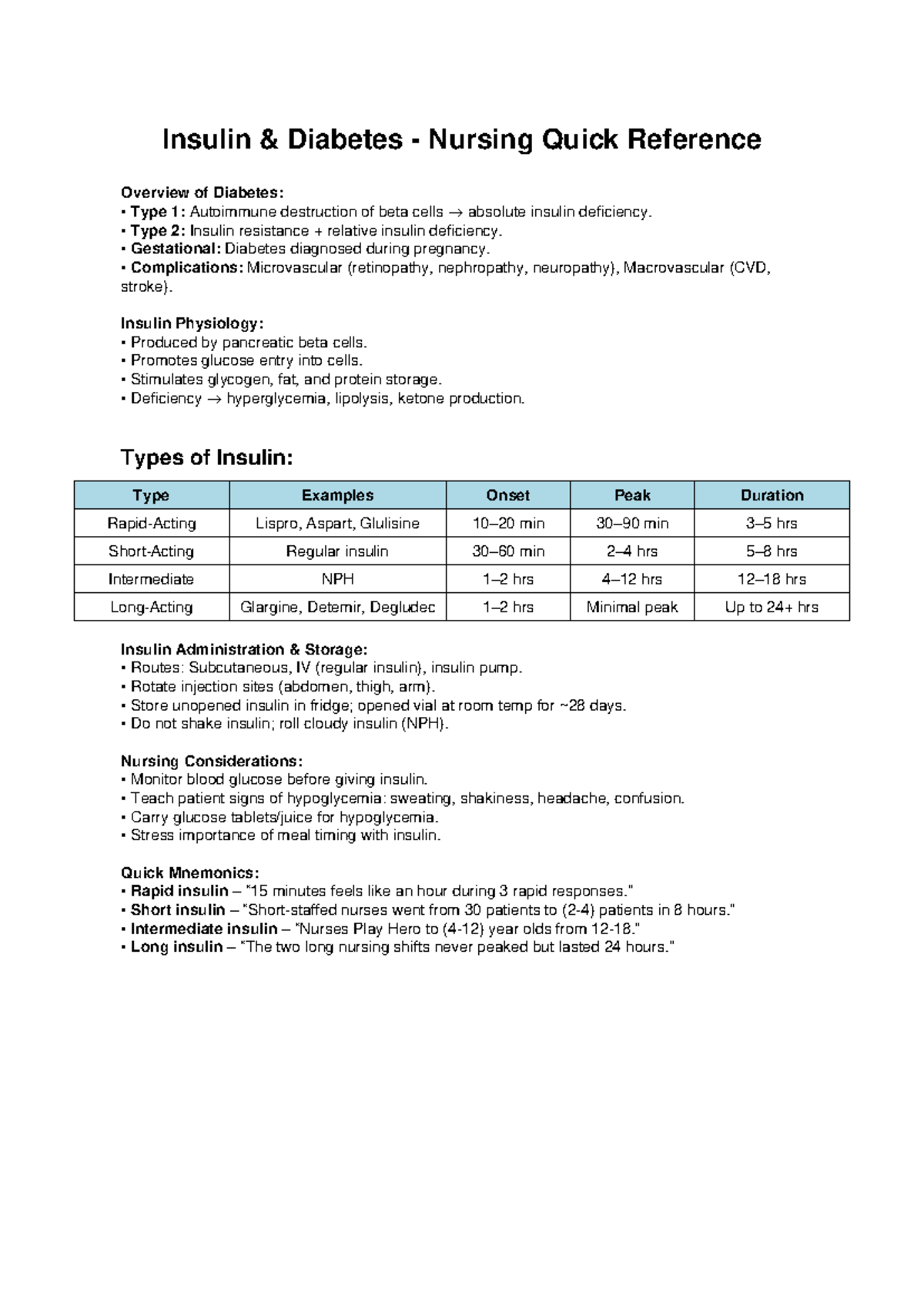 Insulin and Diabetes Nursing Quick Reference Guide - Studocu
