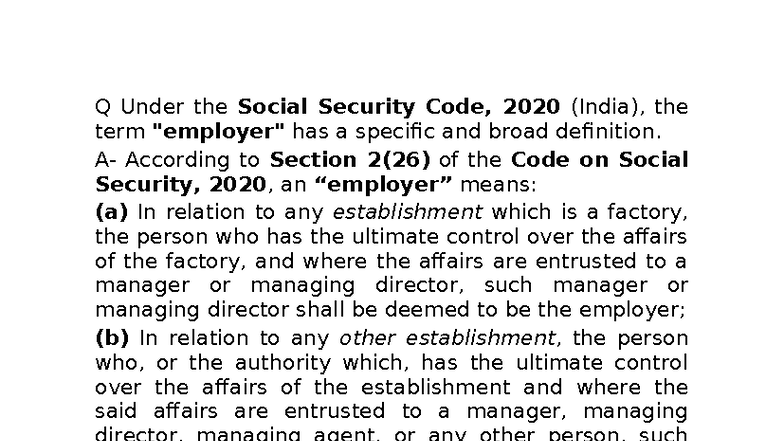 Labour Law Notes: Social Security Code, 2020 (India) Overview - Studocu