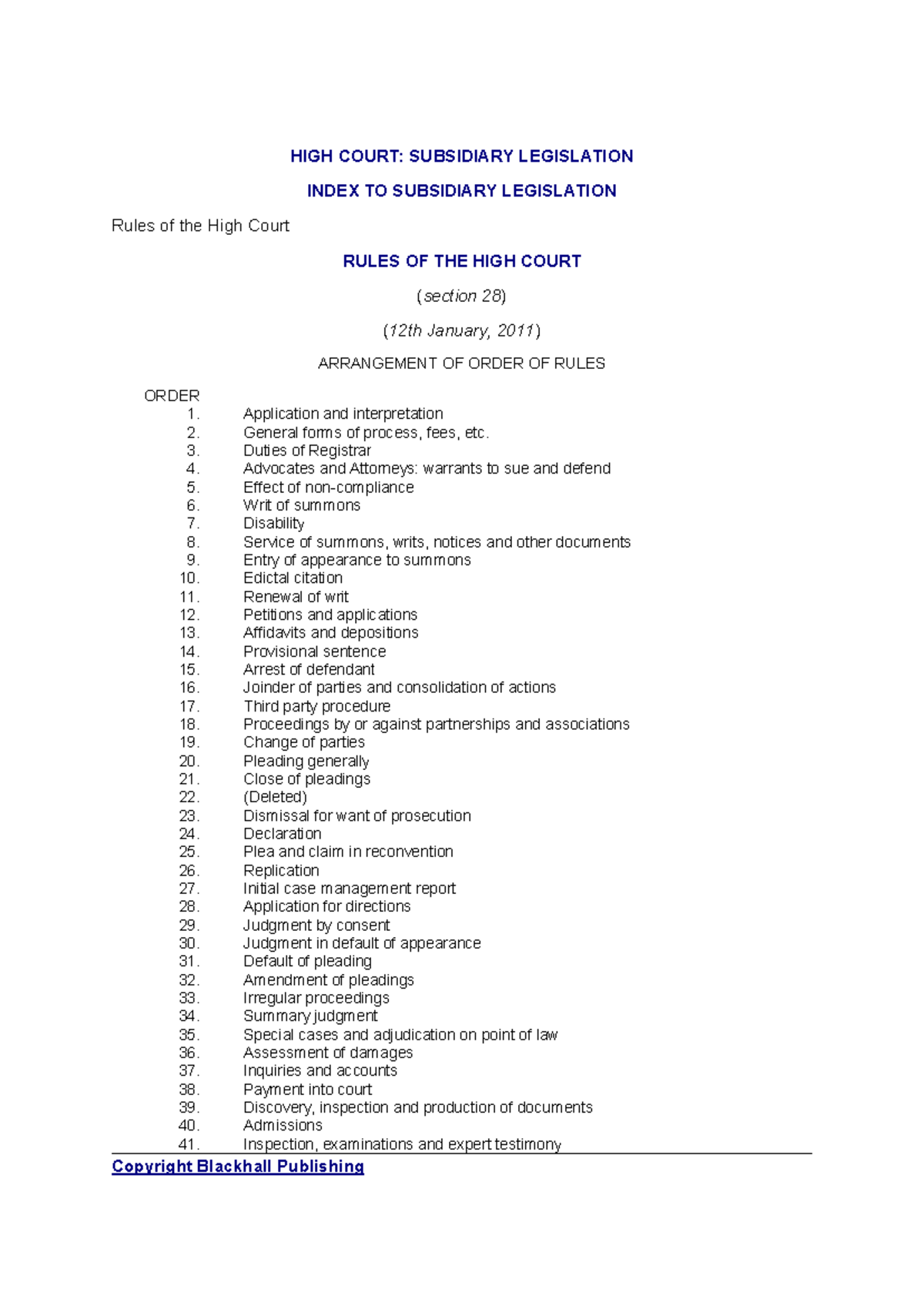 RULES OF THE HIGH COURT - HIGH COURT: SUBSIDIARY LEGISLATION INDEX TO ...