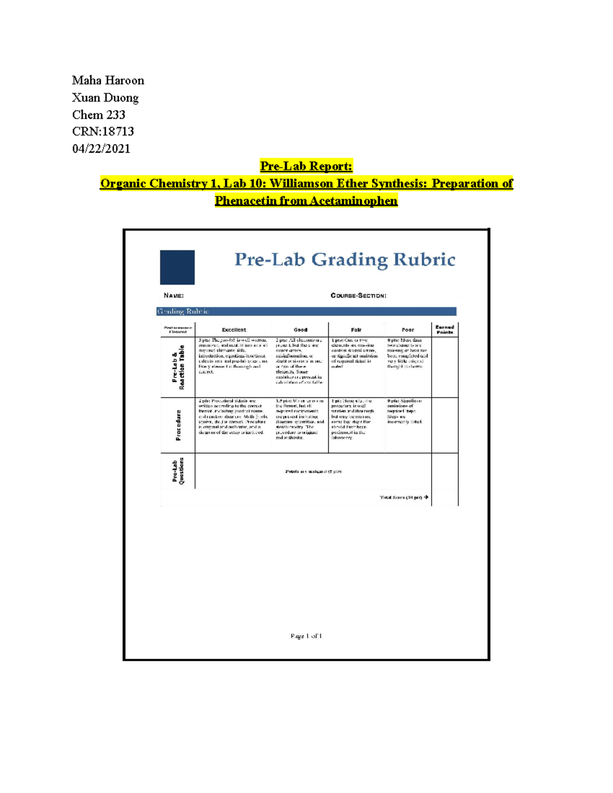 Pre-Lab 10 - ORGO CHEM - Maha Haroon Xuan Duong Chem 233 CRN: 04/22 ...
