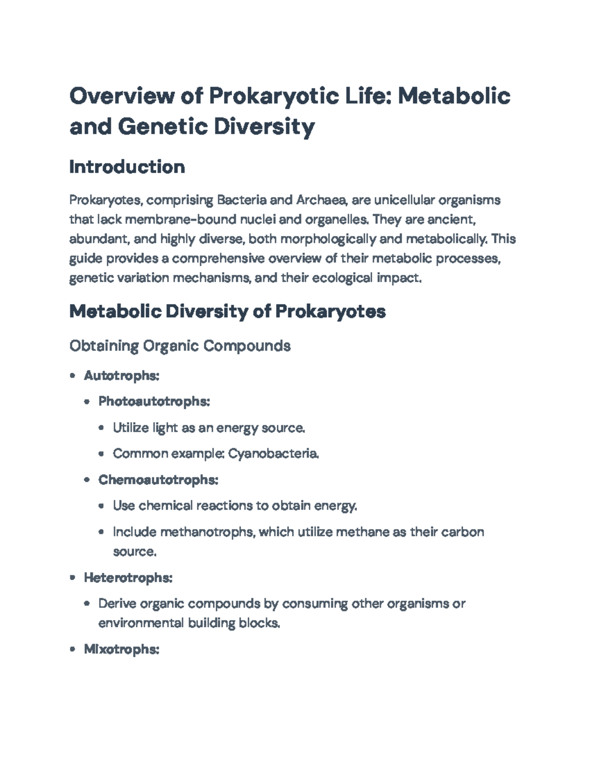 Overview of Prokaryotic Life: Metabolic and Genetic Diversity ...