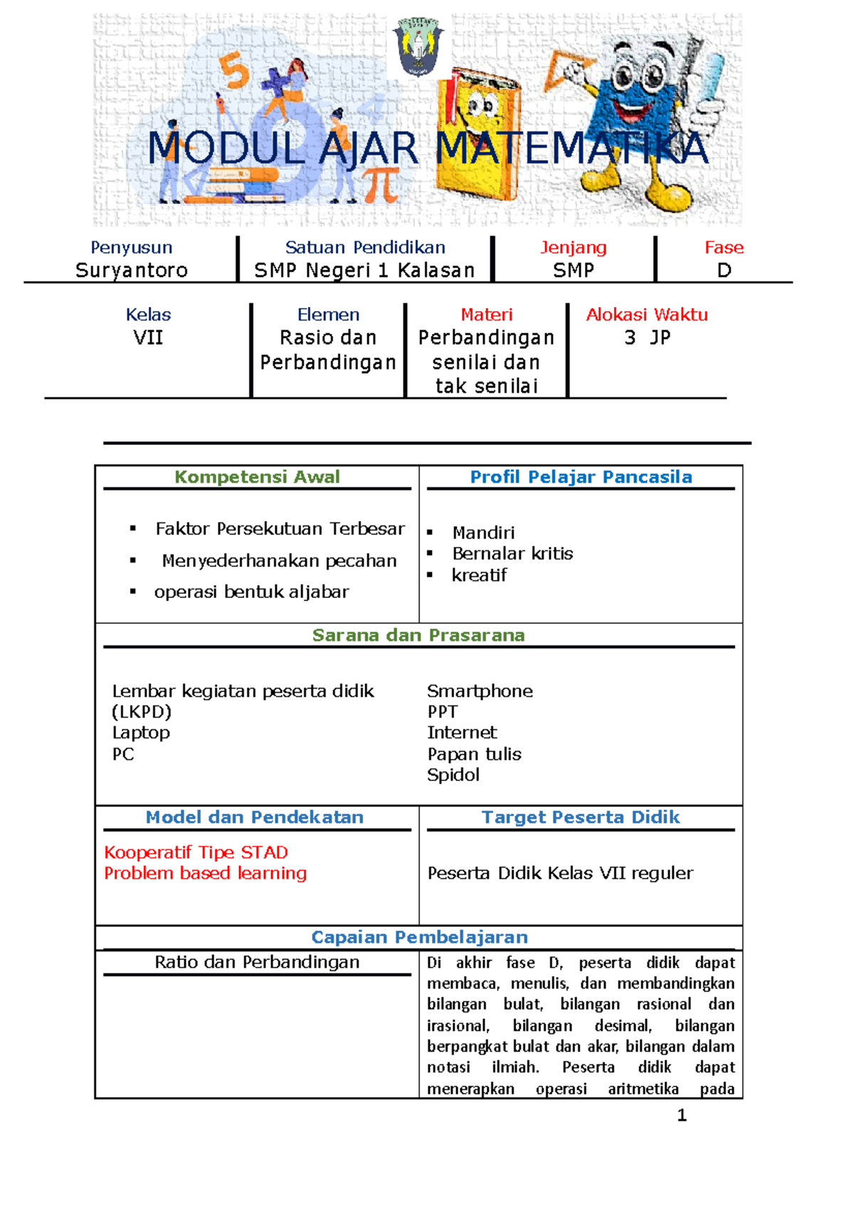 Modul Ajar Matematika: Rasio dan Perbandingan untuk Kelas VII SMP - Studocu
