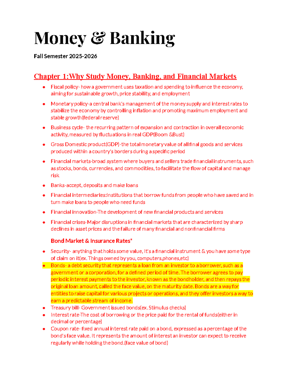 Fall 2025-2026 Money & Banking Lecture Notes: Chapter 1 Overview - Studocu