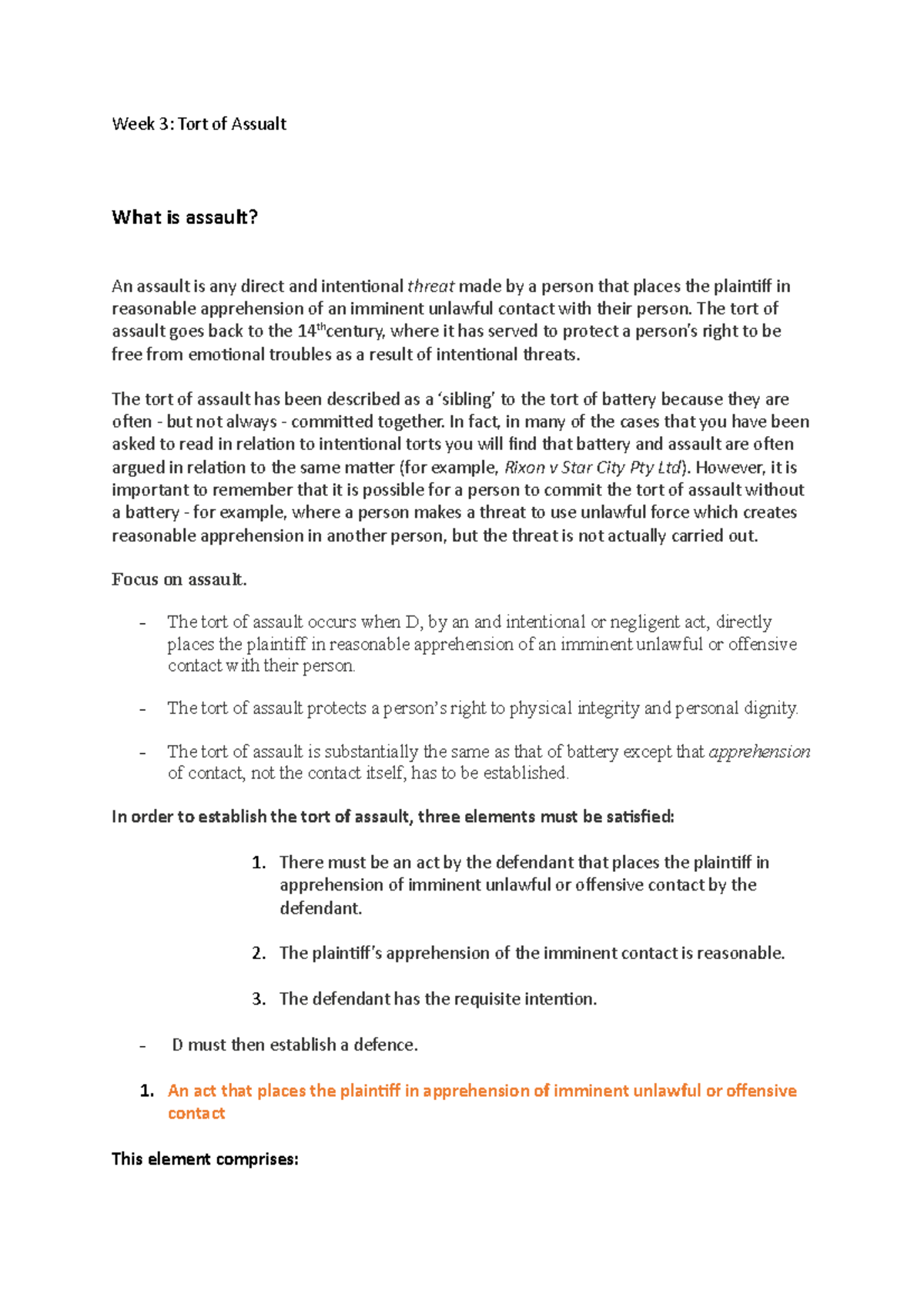 Week 3 - Tort of Assault: Key Notes & Elements Explained - Studocu
