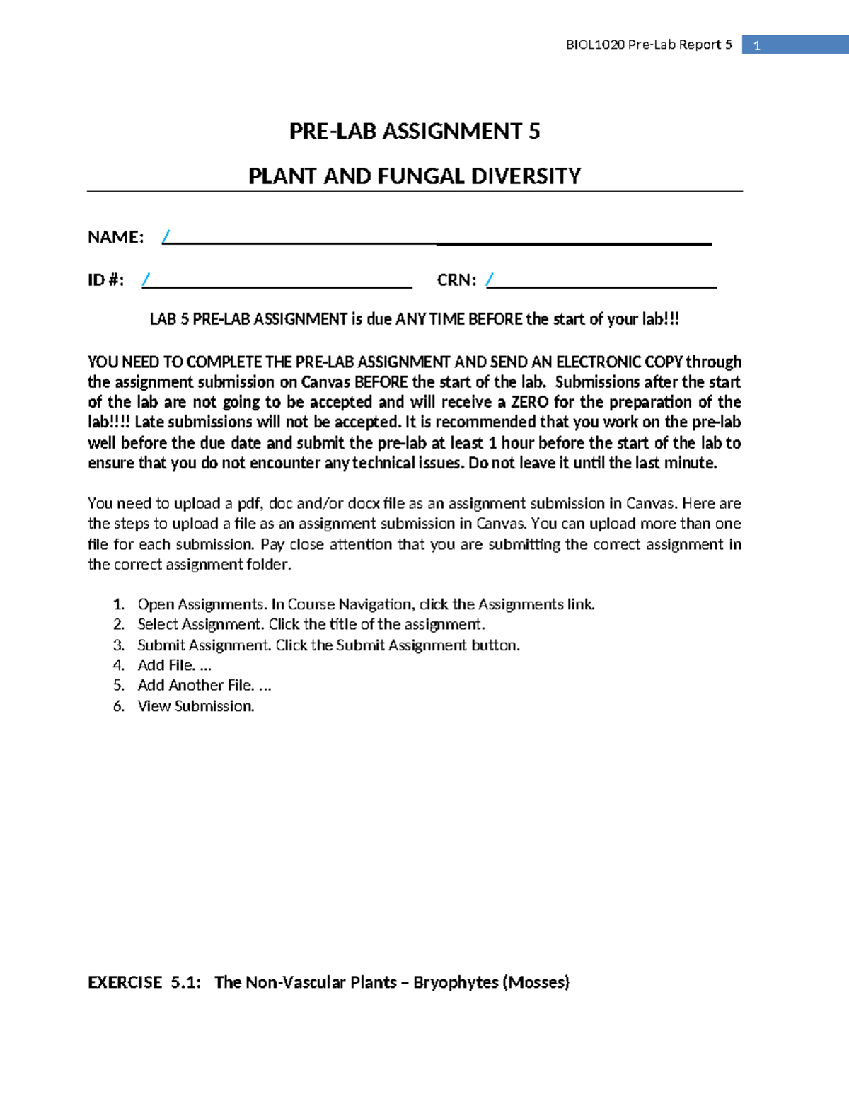 BIOL1020 Lab 5 Report: Plant & Fungal Diversity Assignment - Studocu