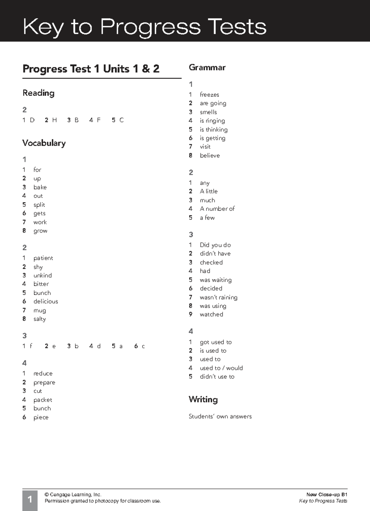 New B1 Progress Tests 1-6 Answer Key - Studocu