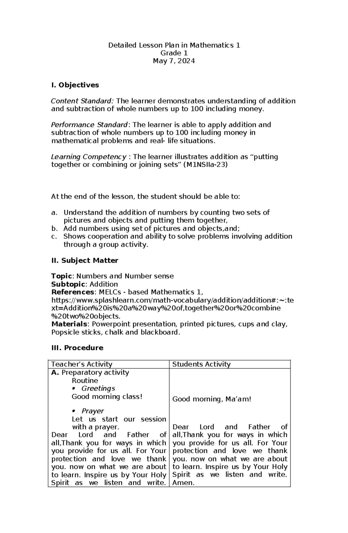 Mathematics 1 Detailed Lesson Plan: Understanding Addition and ...
