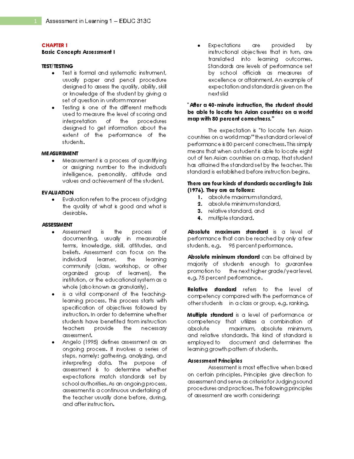 EDUC 313C - Chapter 1: Assessment Concepts in Learning - Studocu