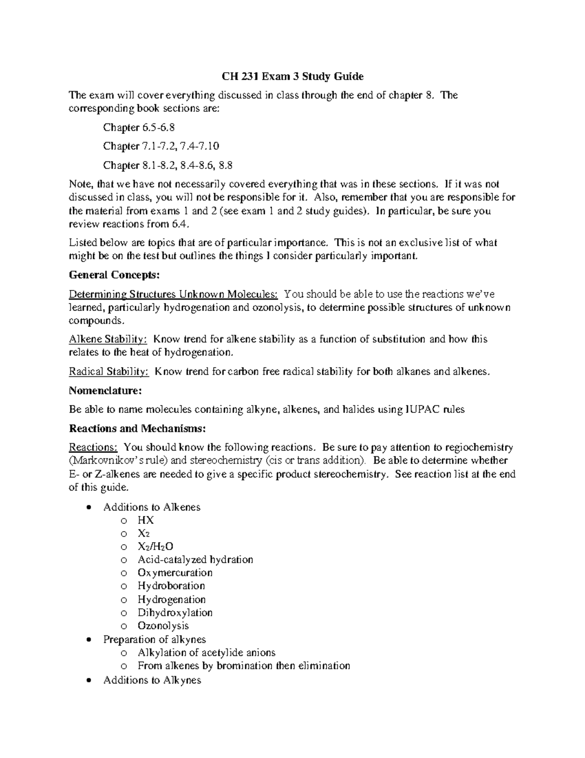 CH231-ex3-studyguide - CH 231 Exam 3 Study Guide The exam will cover ...