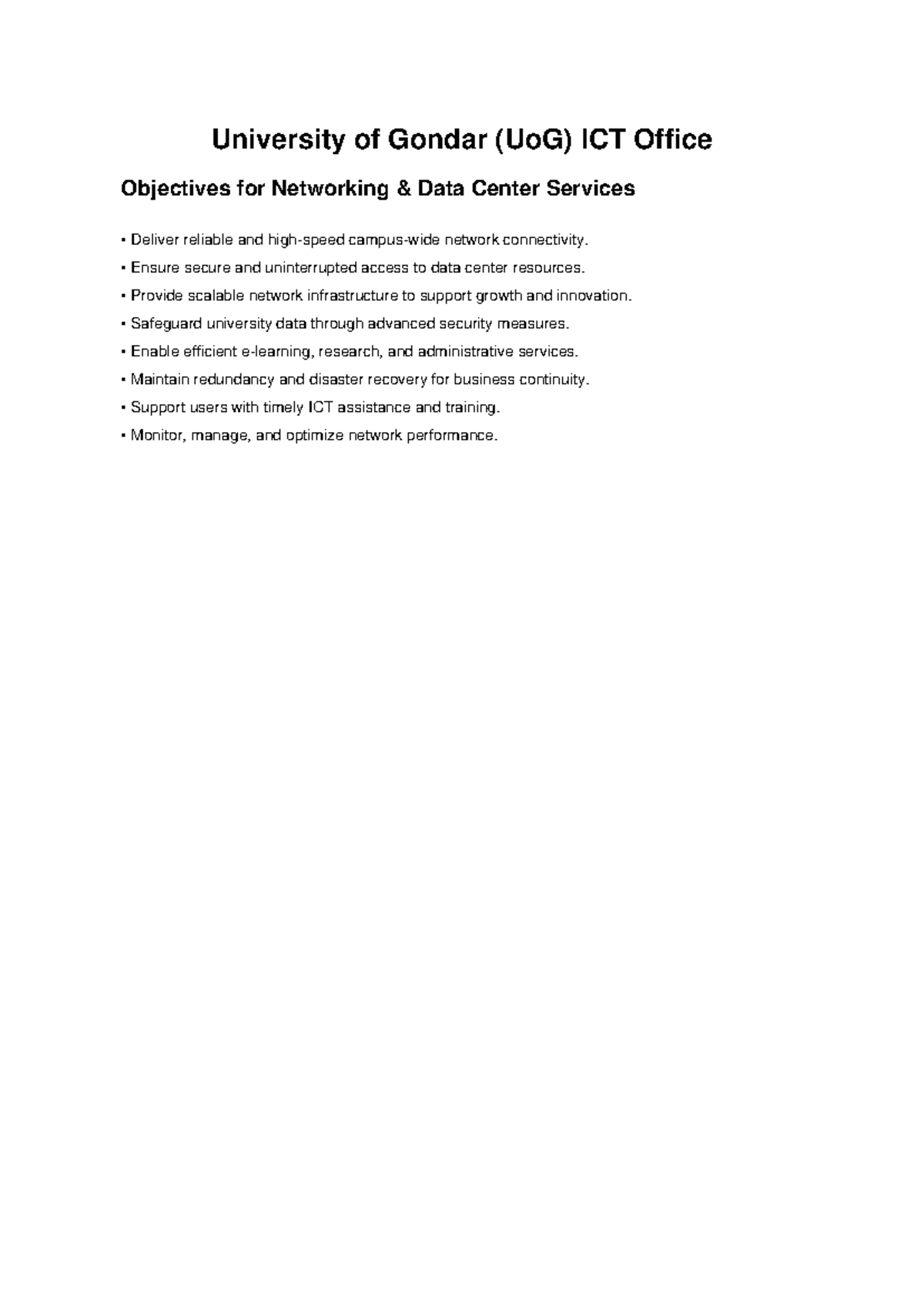 Uo G ICT Objectives - EFODV HSZXVAS - University of Gondar (UoG) ICT ...