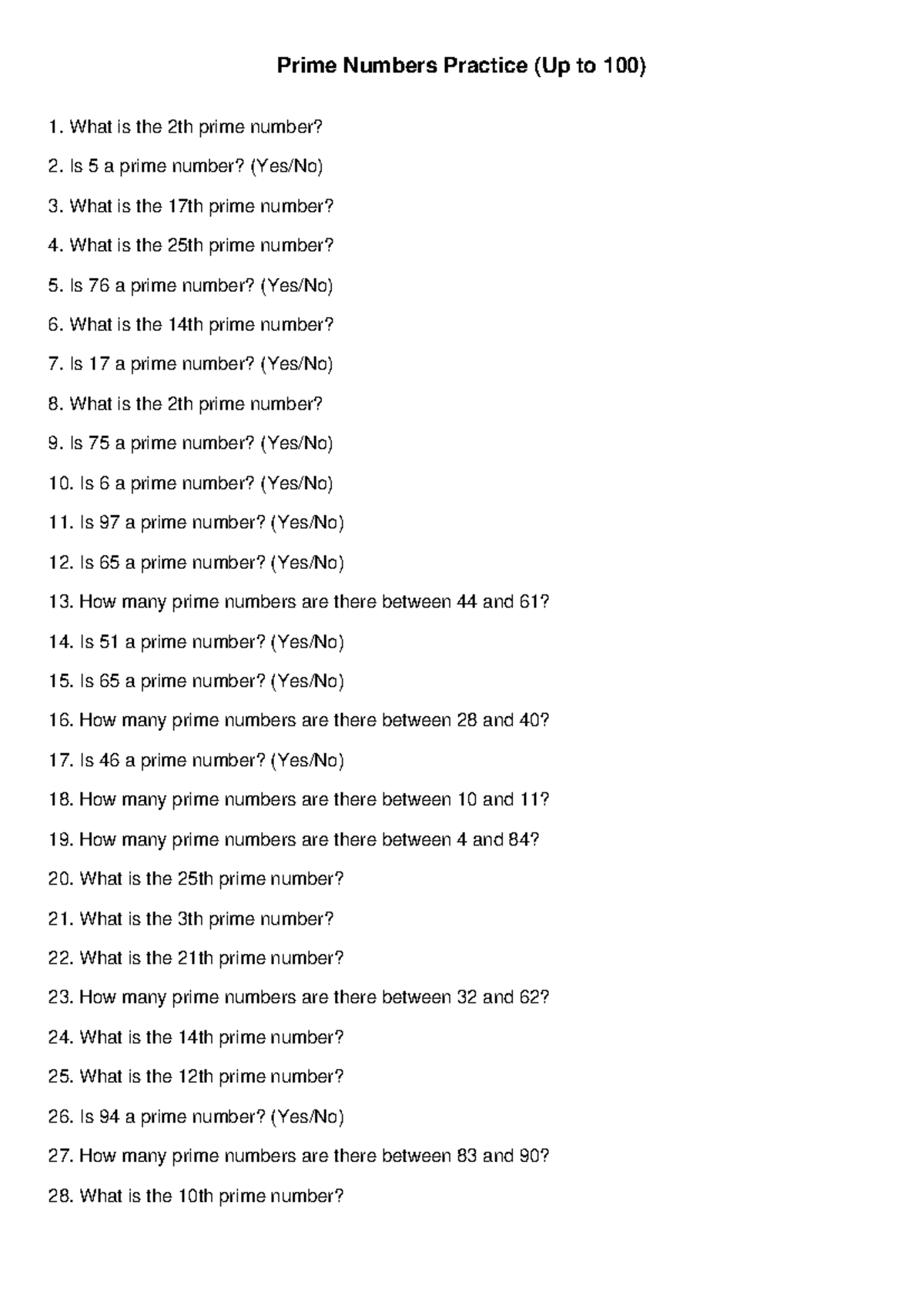 Prime Numbers Practice Questions (Up to 100) - Studocu