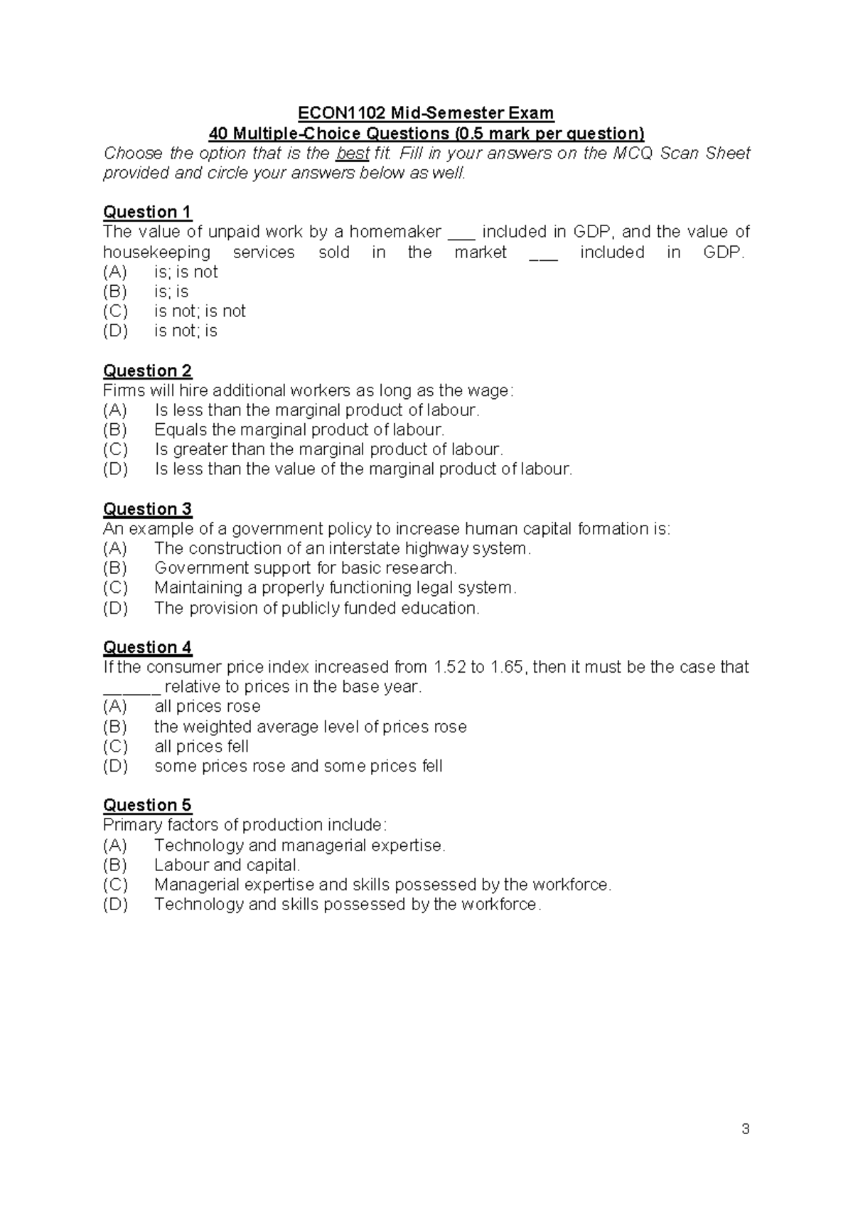 Midsem ECON1102 Exam Practice: 40 MCQ Questions - Studocu