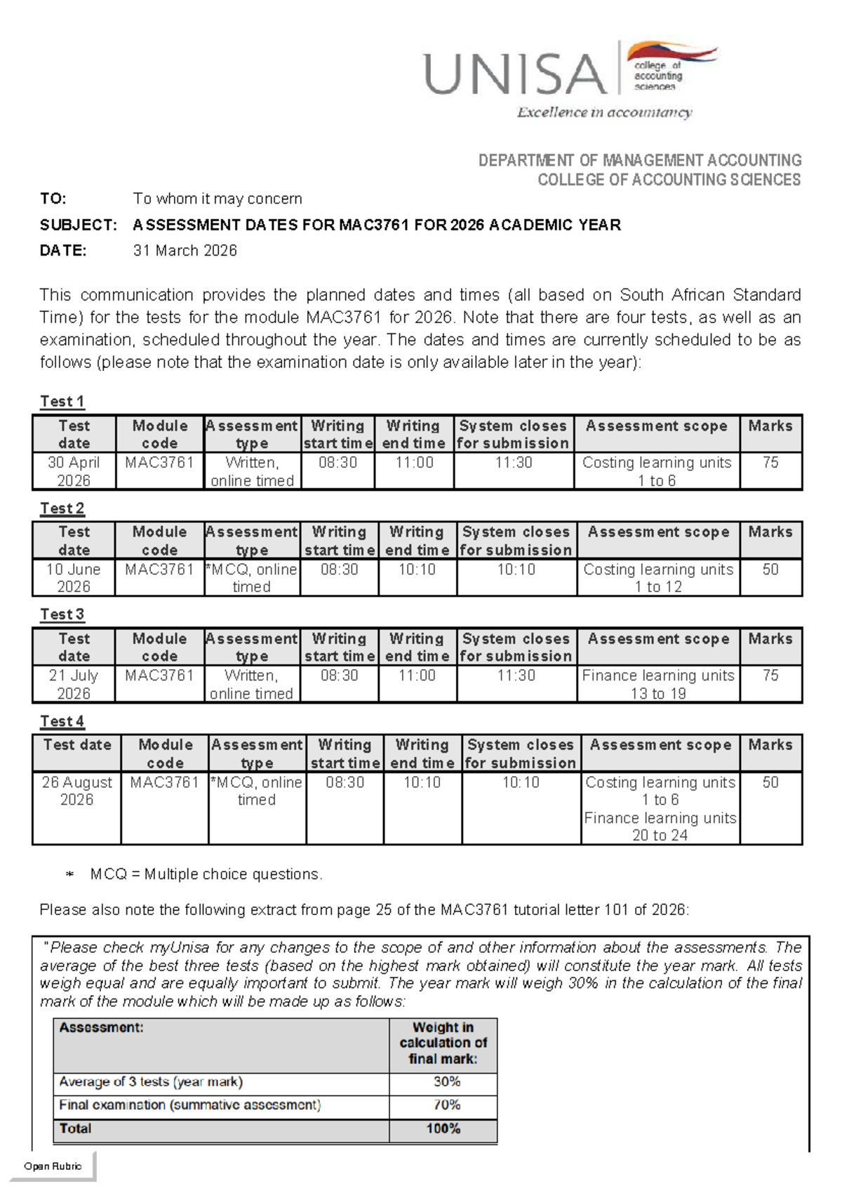 MAC3761 Assessment Dates for 2026 Academic Year - Studocu