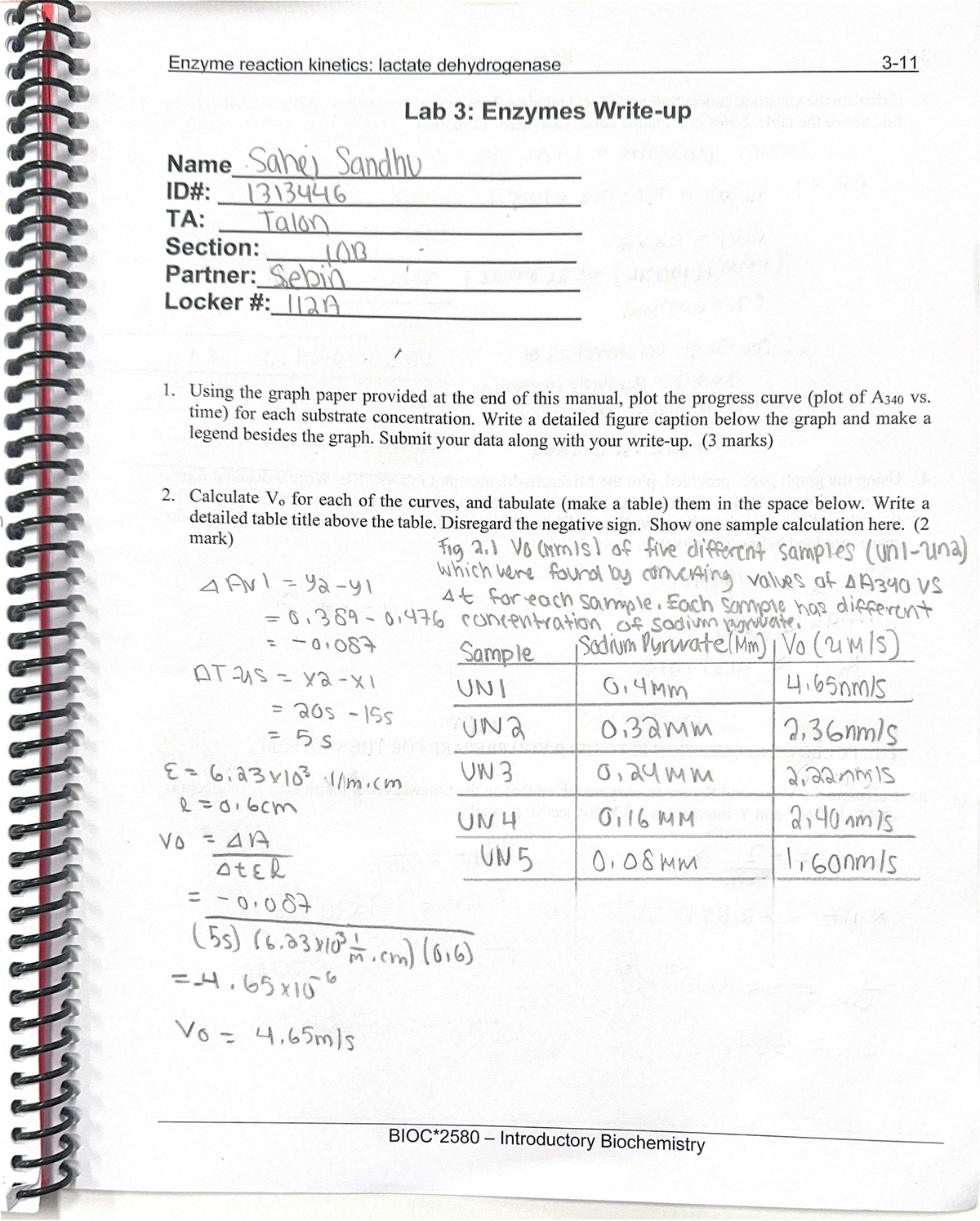 Lab 3: Enzyme Reaction Kinetics - Lactate Dehydrogenase Notes - Studocu