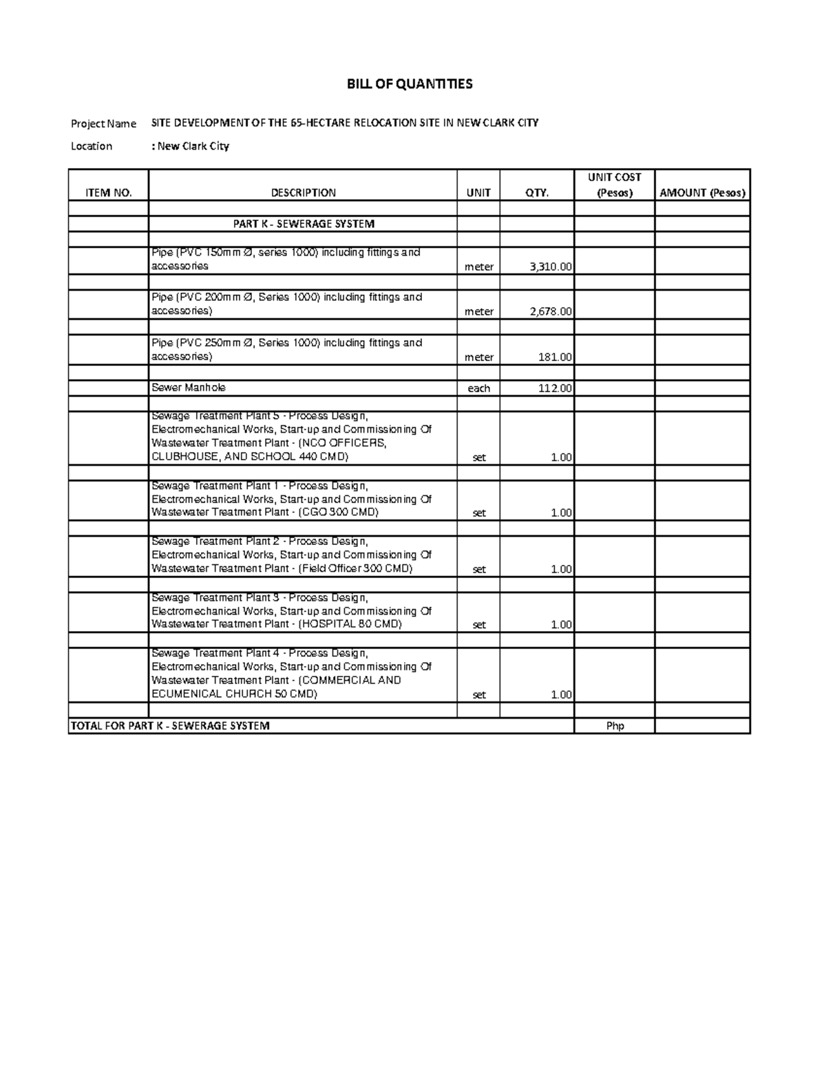 STP-BOQ: Detailed Bill of Quantities for Sewerage System Development ...