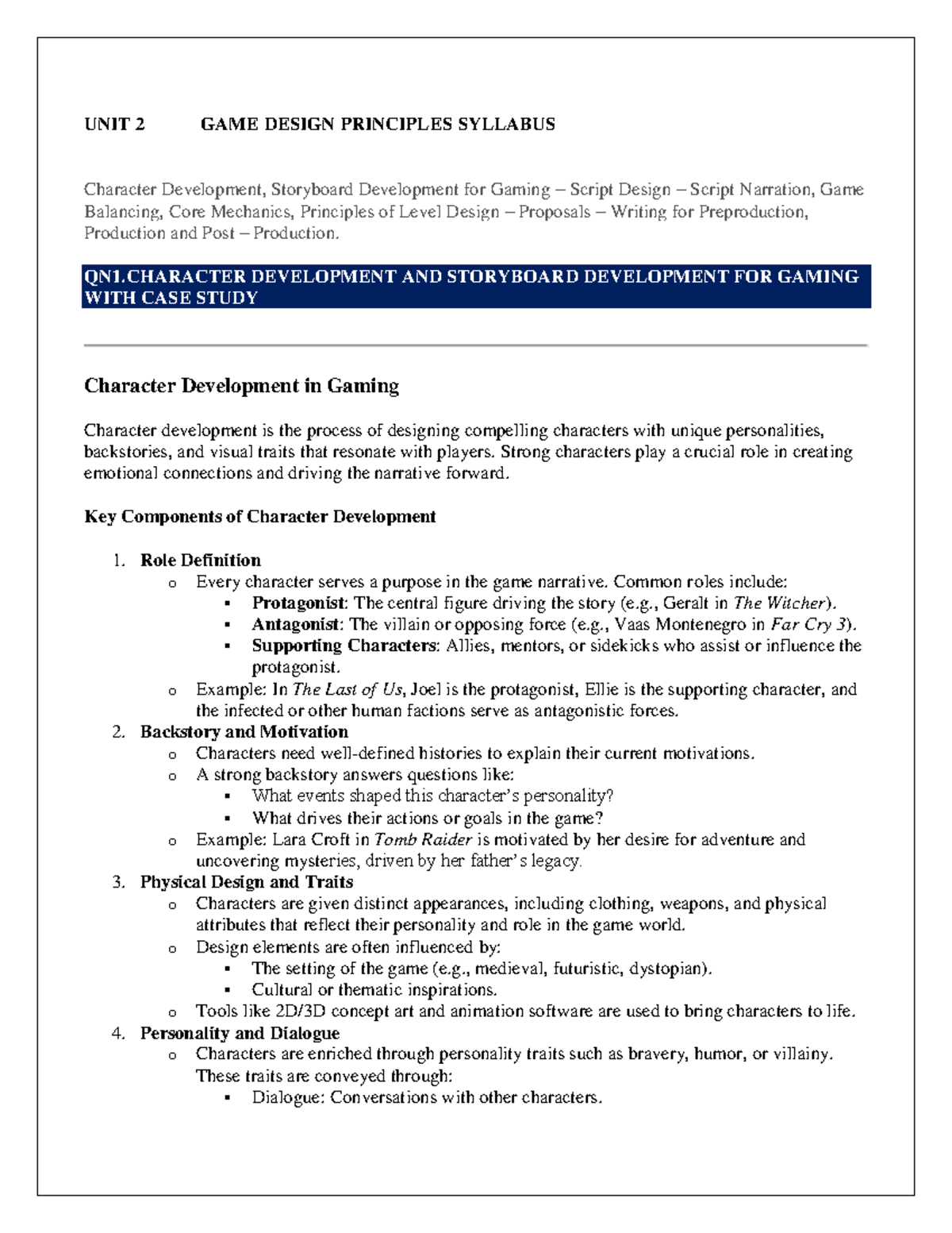 Unit 2 GD - good - UNIT 2 GAME DESIGN PRINCIPLES SYLLABUS Character ...