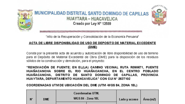 Actas de Libre Disponibilidad para DME y Patio de Maquinarias - Studocu