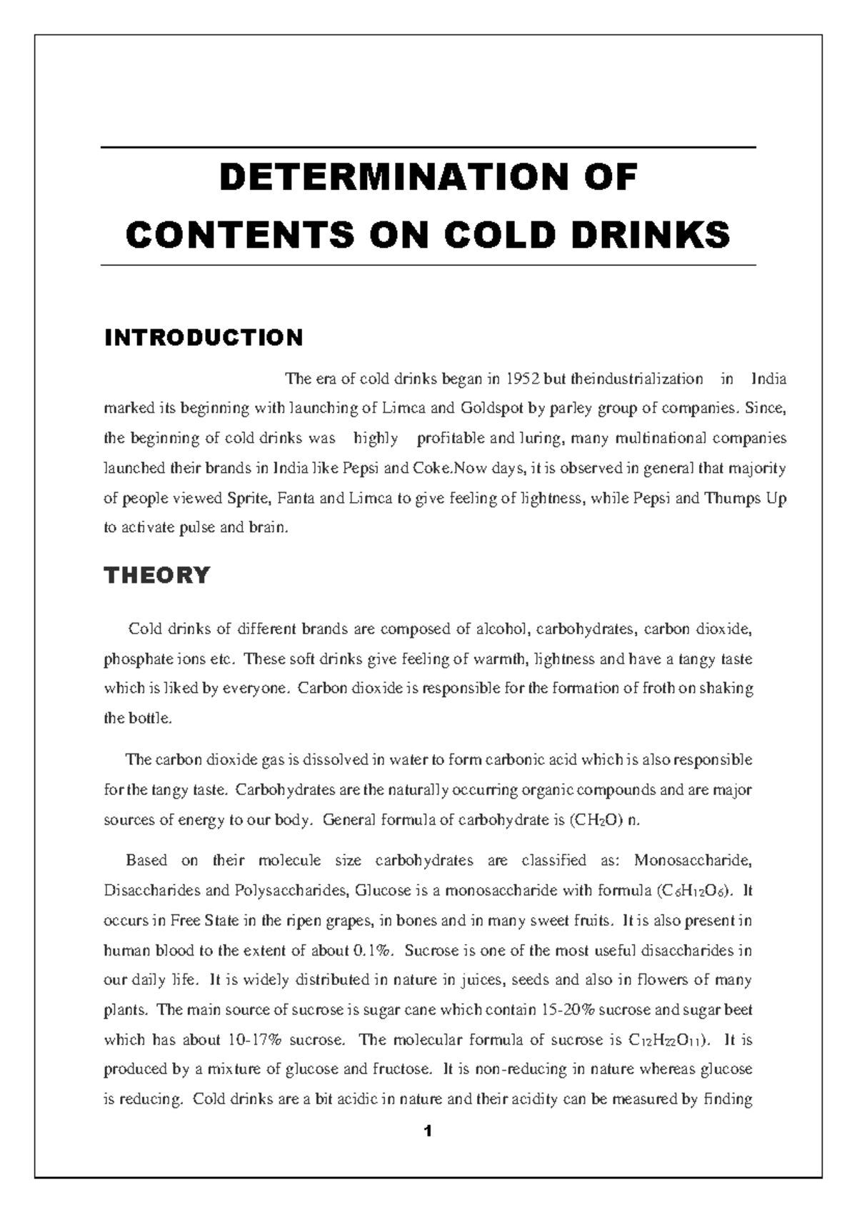 Chemistry 1 - Analysis of Cold Drinks Composition and Effects - Studocu