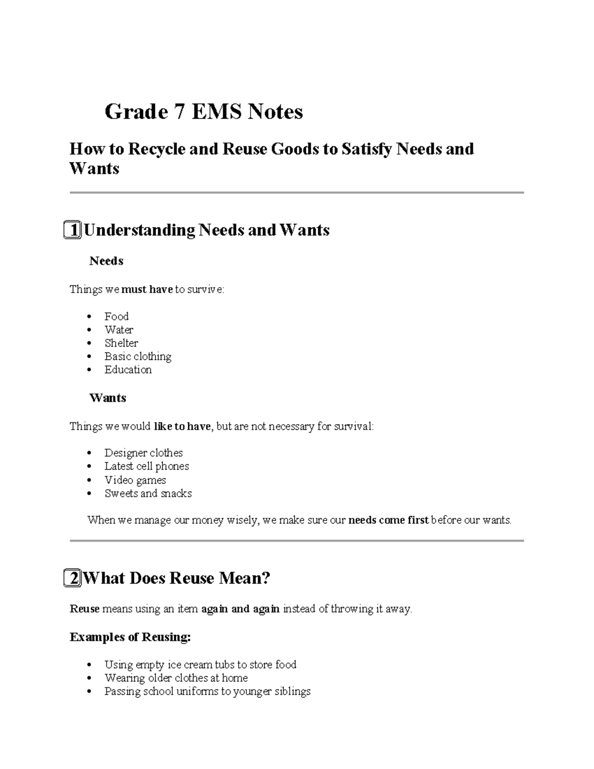 Grade 7 EMS Notes: Recycling & Reuse for Needs & Wants - Studocu