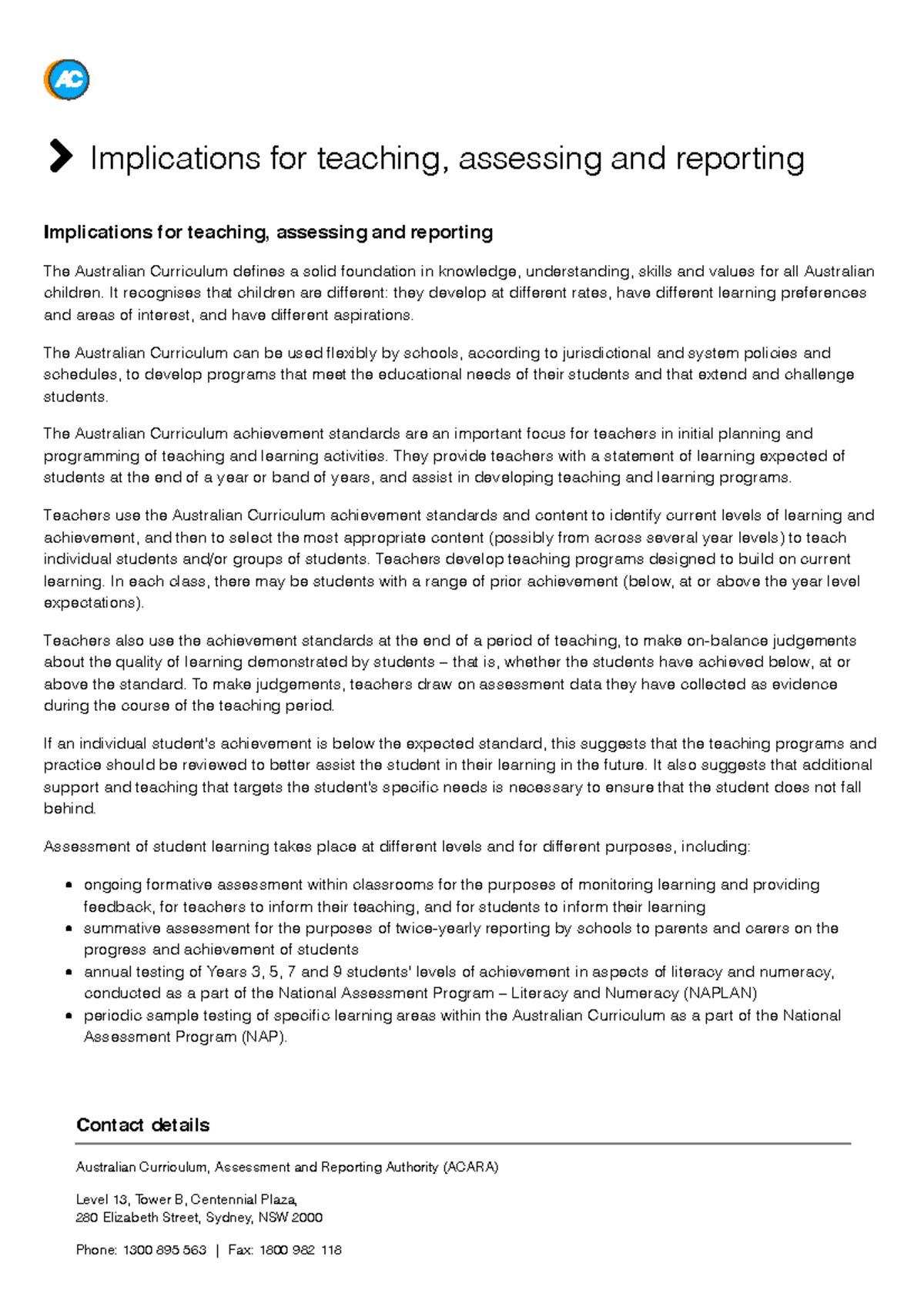 Implications of the Australian Curriculum for Teaching and Assessment ...