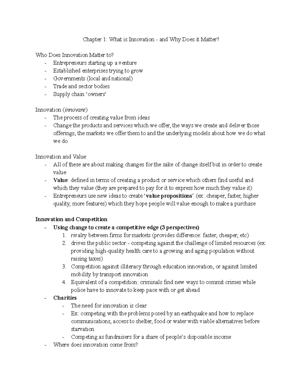 COMM 219 - Chapter 1 - Innovation Concepts and Importance Notes - Studocu