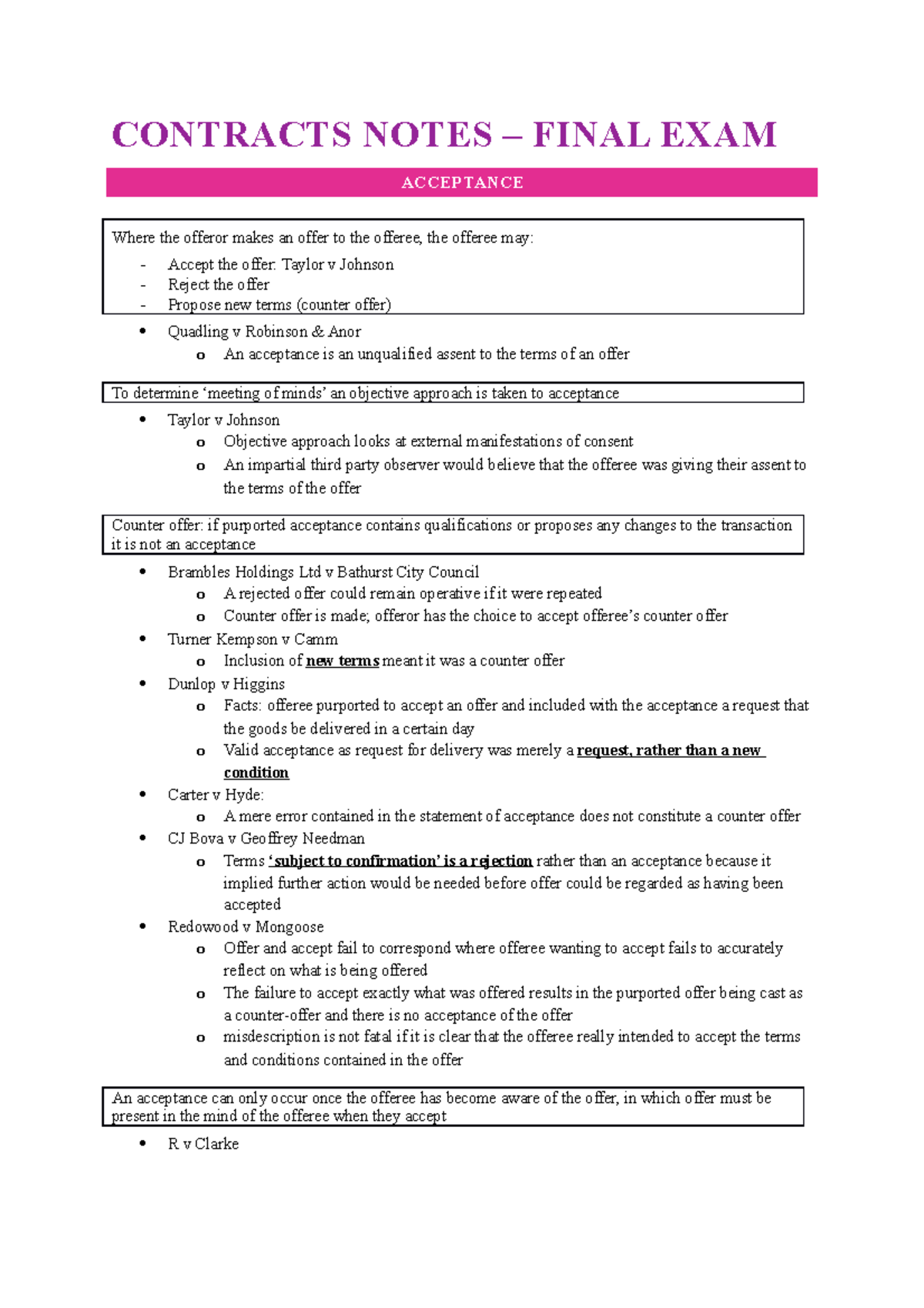 Contracts Notes for final exam - CONTRACTS NOTES FINAL EXAM ACCEPTANCE ...