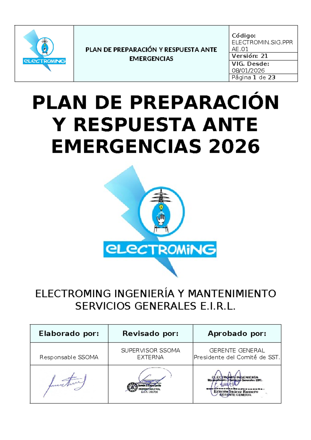PLAN DE PREPARACIÓN Y RESPUESTA ANTE EMERGENCIAS 2026 - ELECTROMIN.SIG ...