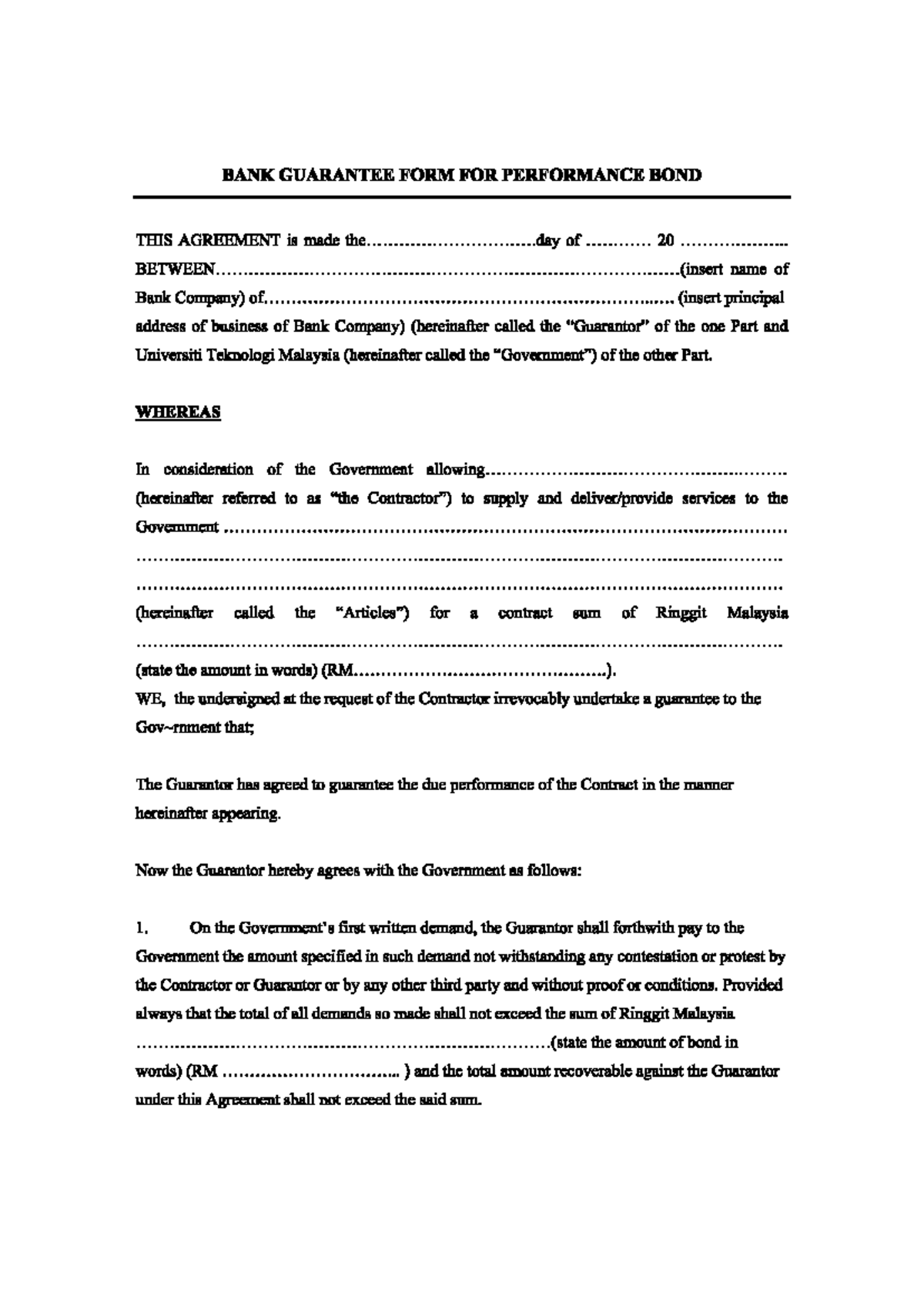 Performance Bond Agreement Template for UTM (Universiti Teknologi ...