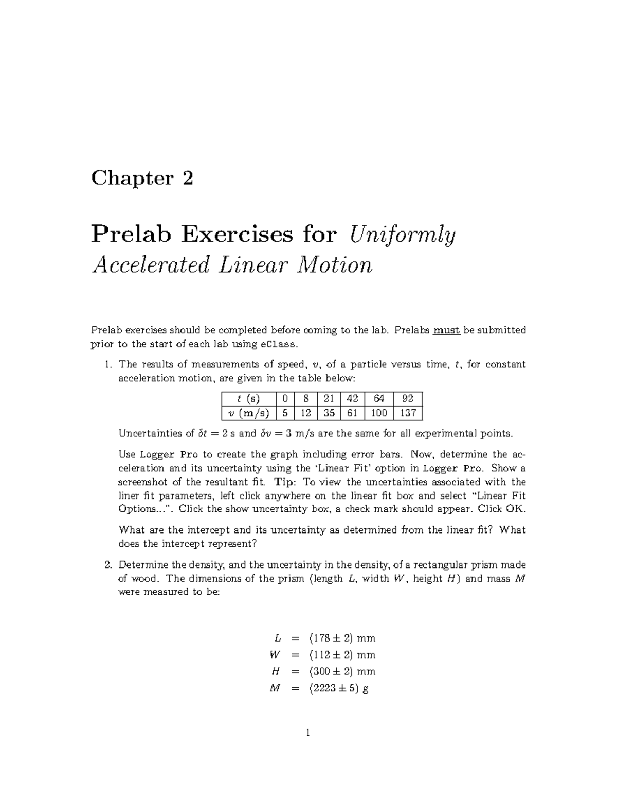Prelab Linear Motion F2022 - Chapter 2 Prelab Exercises for Uniformly ...
