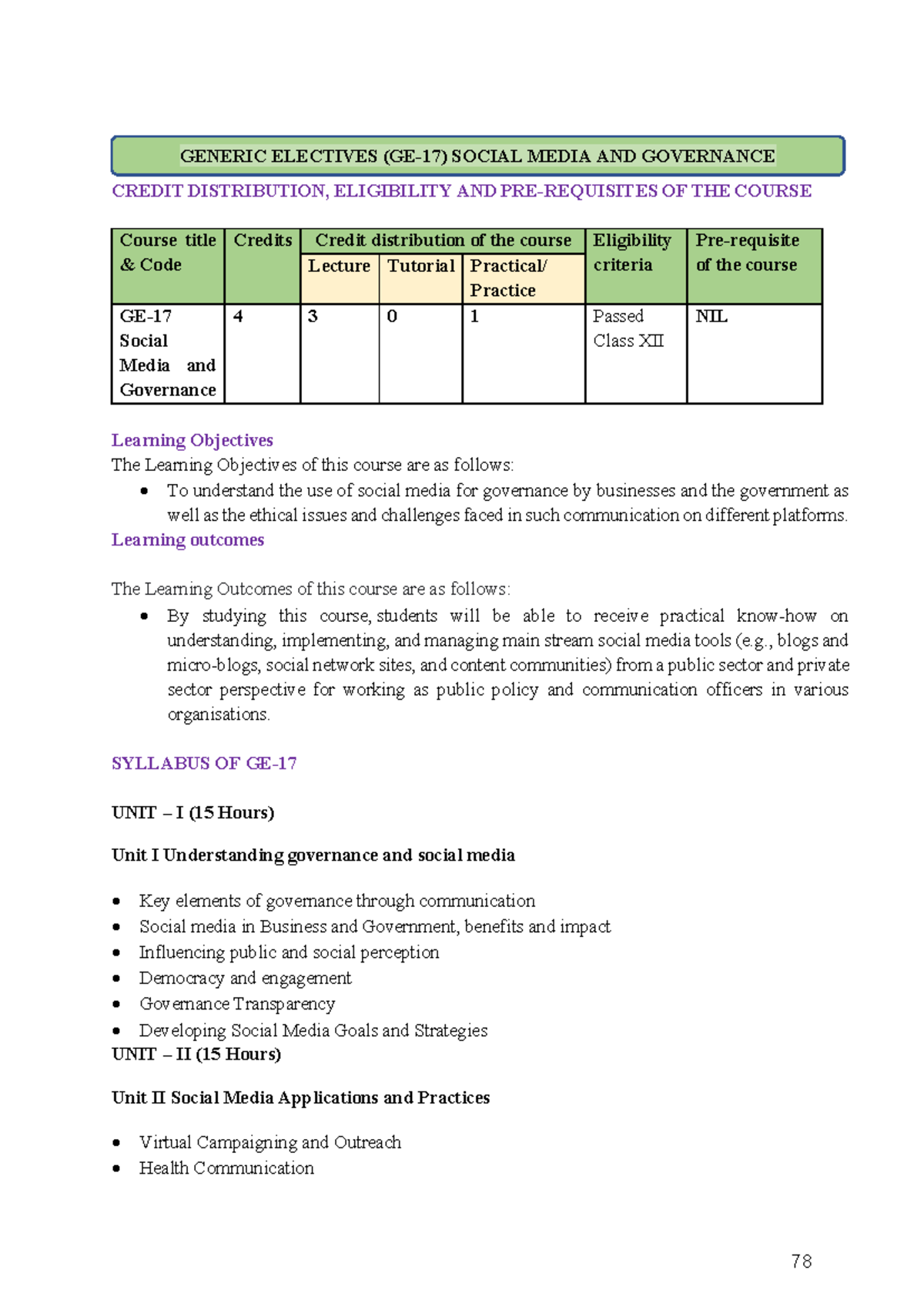 GENERIC ELECTIVES: SOCIAL MEDIA & GOV. SYLLABUS (Sem-2) - Studocu