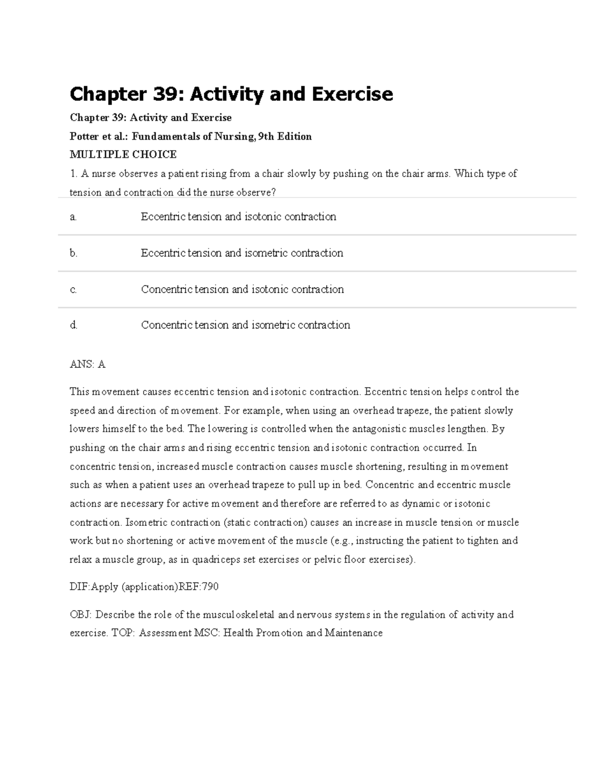Chapter 39: Activity and Exercise - Insights and MCQs - Studocu