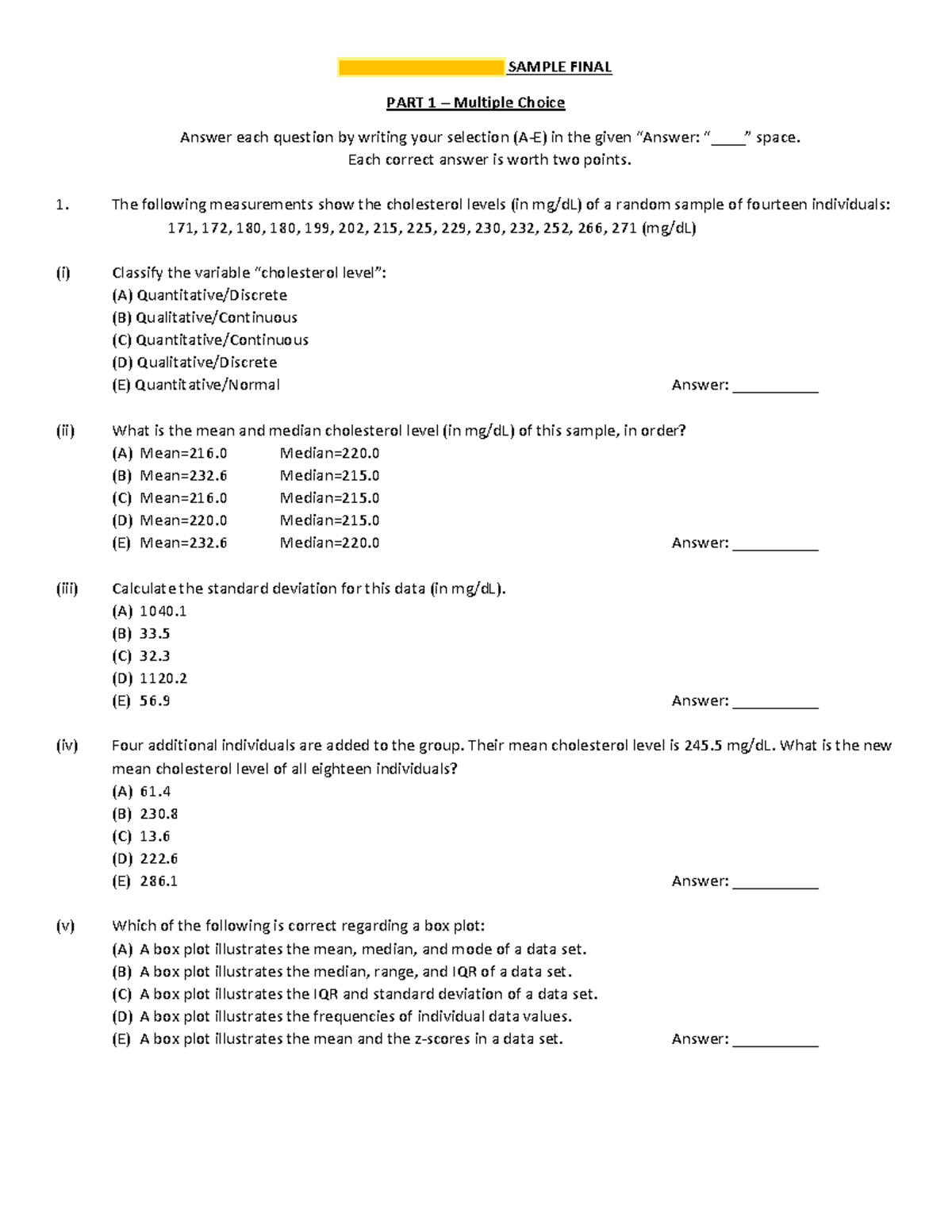STAT 160 Sample Final Exam: Multiple Choice Questions - Studocu