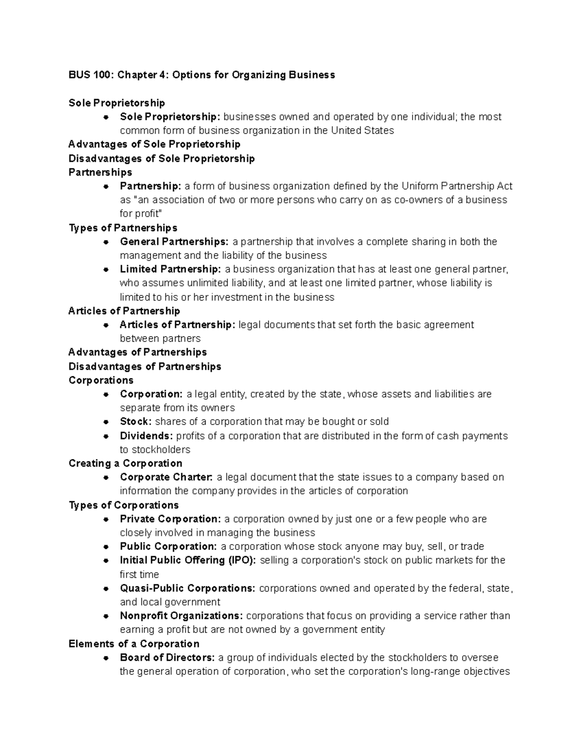 BUS 100: Chapter 4 - Overview of Business Organization Types - Studocu