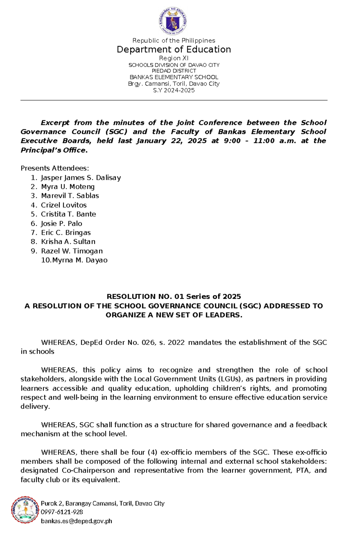 Bankas ES SGC Resolutions: Improving SIP, AIP, & School Policies 2025 ...