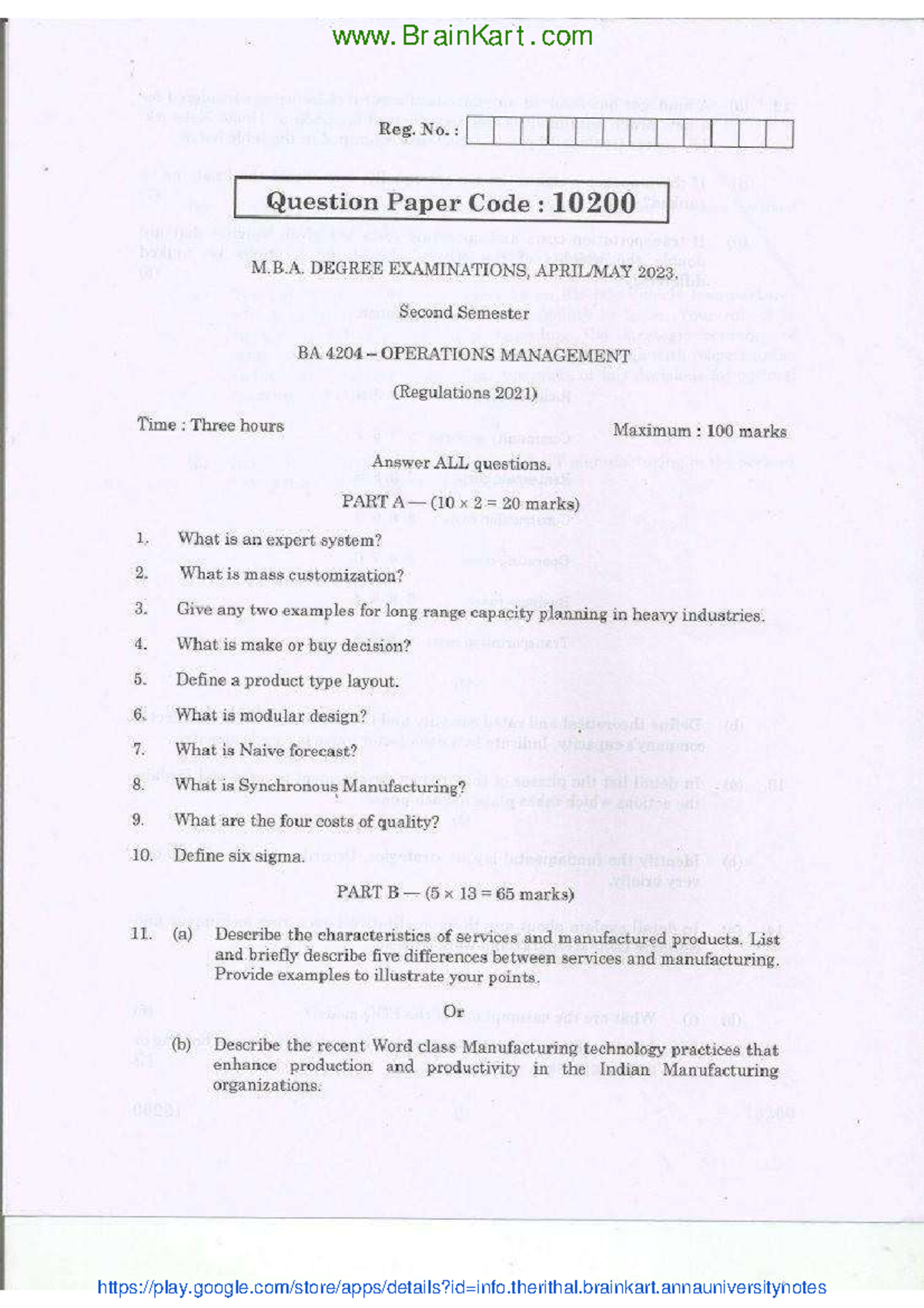 Operations Management - BA4204 2023 April/May Question Paper - Studocu