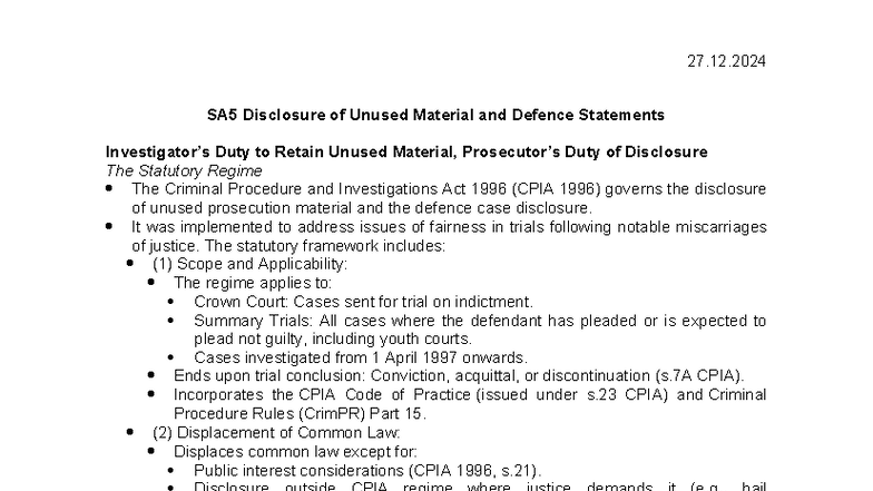 SA5 Disclosure of Unused Material & Defence Statements Overview - Studocu