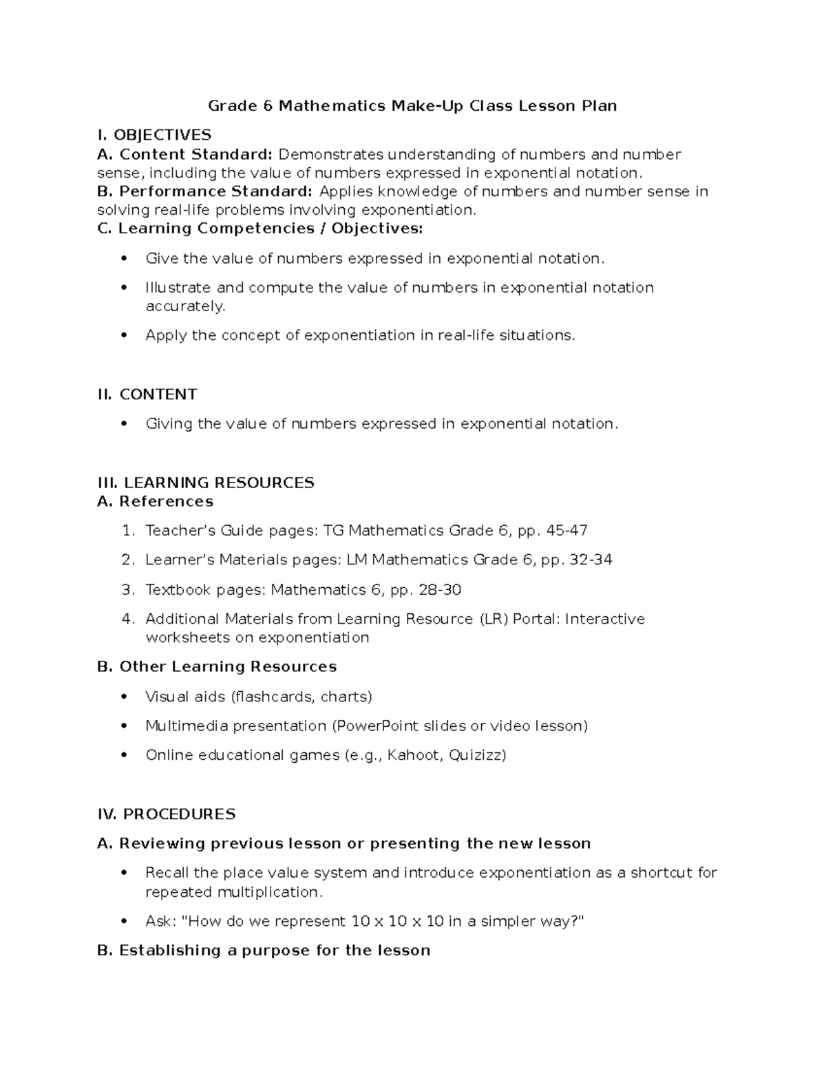 Grade 6 Math Make-Up Class Lesson Plan on Exponentiation Concepts - Studocu